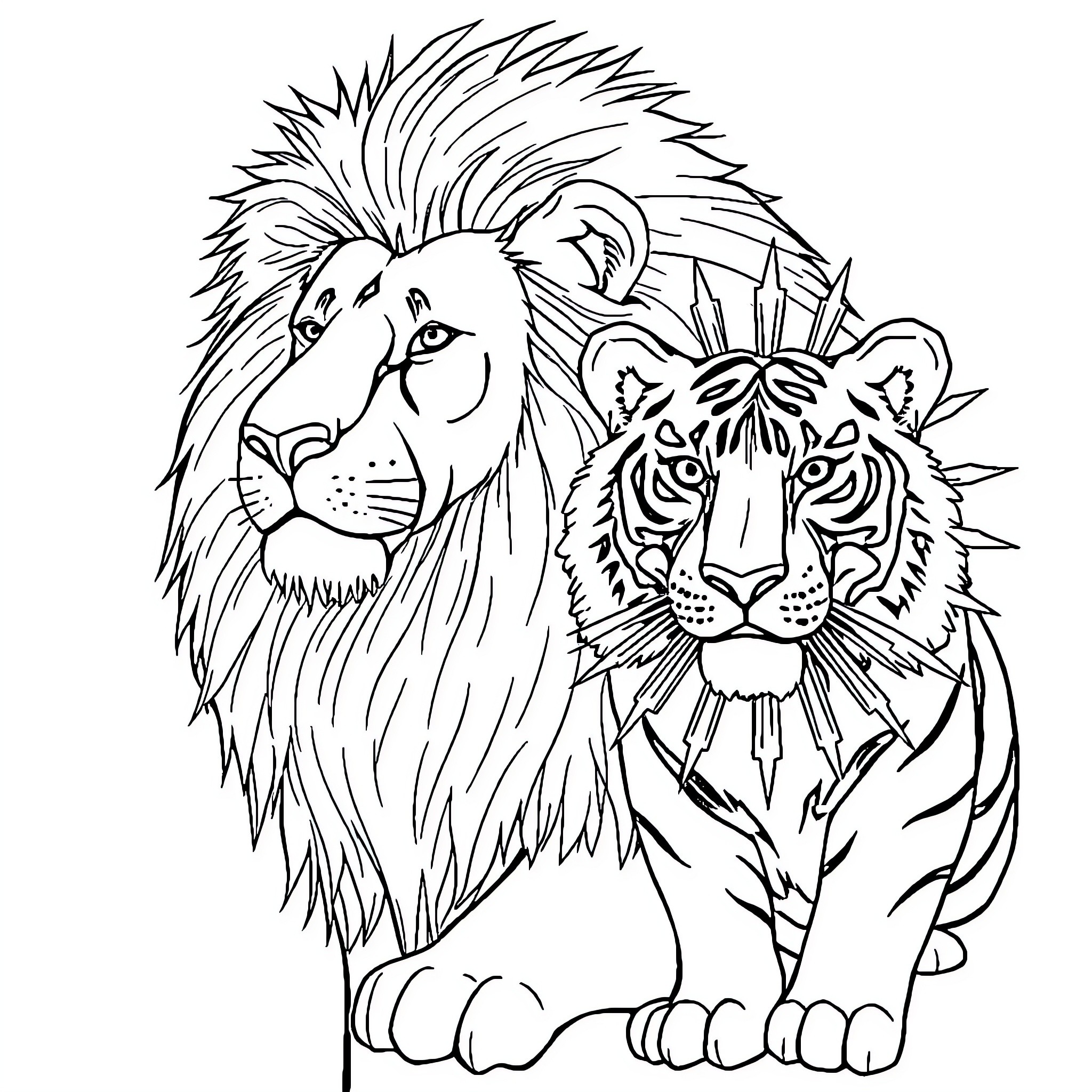 Lion and Tiger Sharing a Moment Coloring Page (free black-and-white line drawing printable PDF for all, from beginners to advanced learners, including children, teens, adults, and seniors)