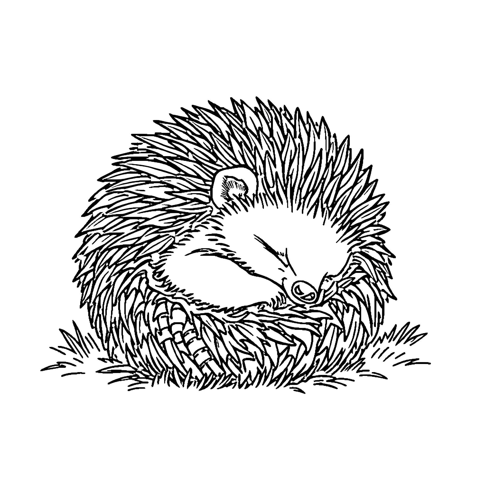 Hedgehog curled up in a cozy nest Coloring Page (free black-and-white line drawing printable PDF for all, from beginners to advanced learners, including children, teens, adults, and seniors)