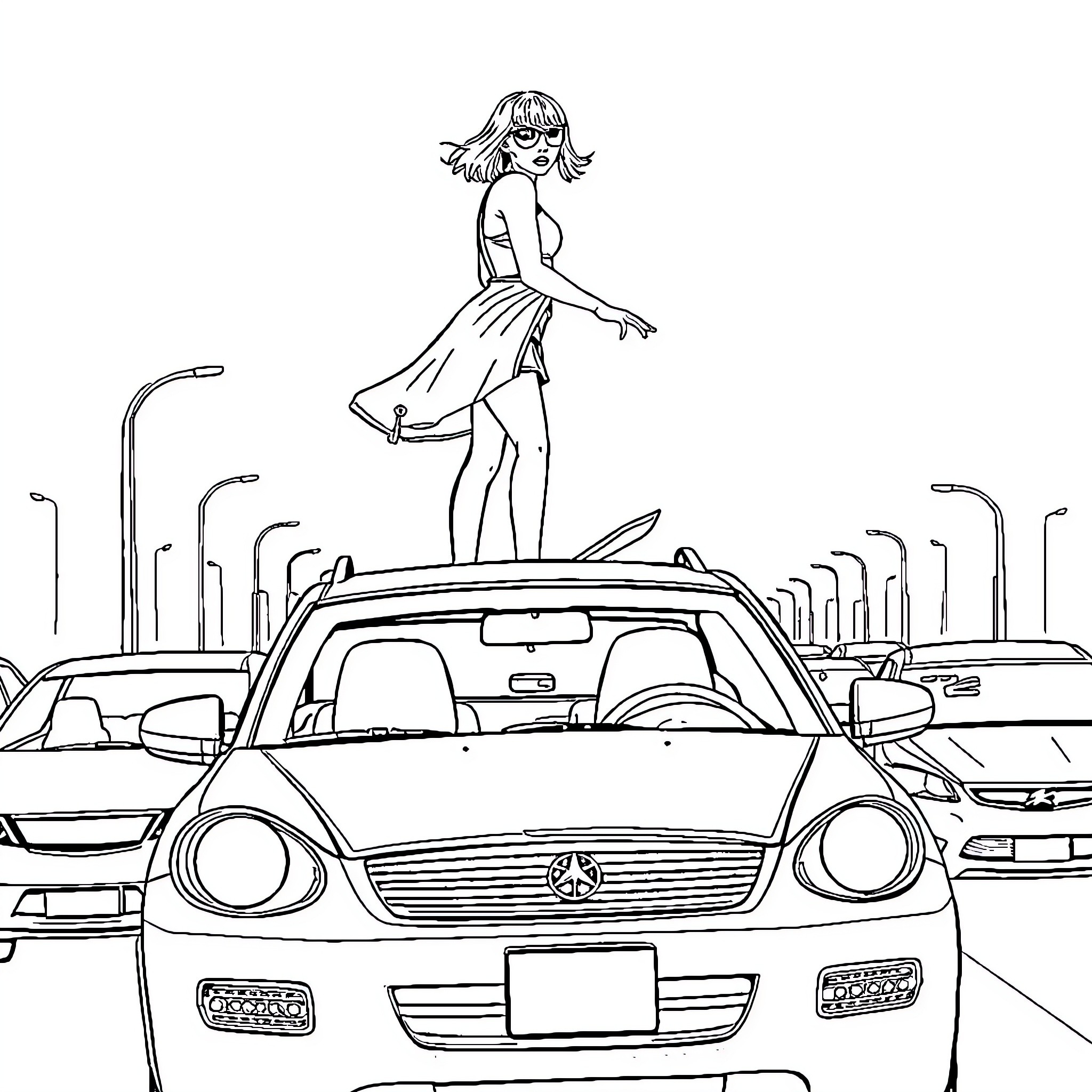 Taylor Swift Playfully Posing on a Car in the City Coloring Page (free black-and-white line drawing printable PDF for all, from beginners to advanced learners, including children, teens, adults, and seniors)