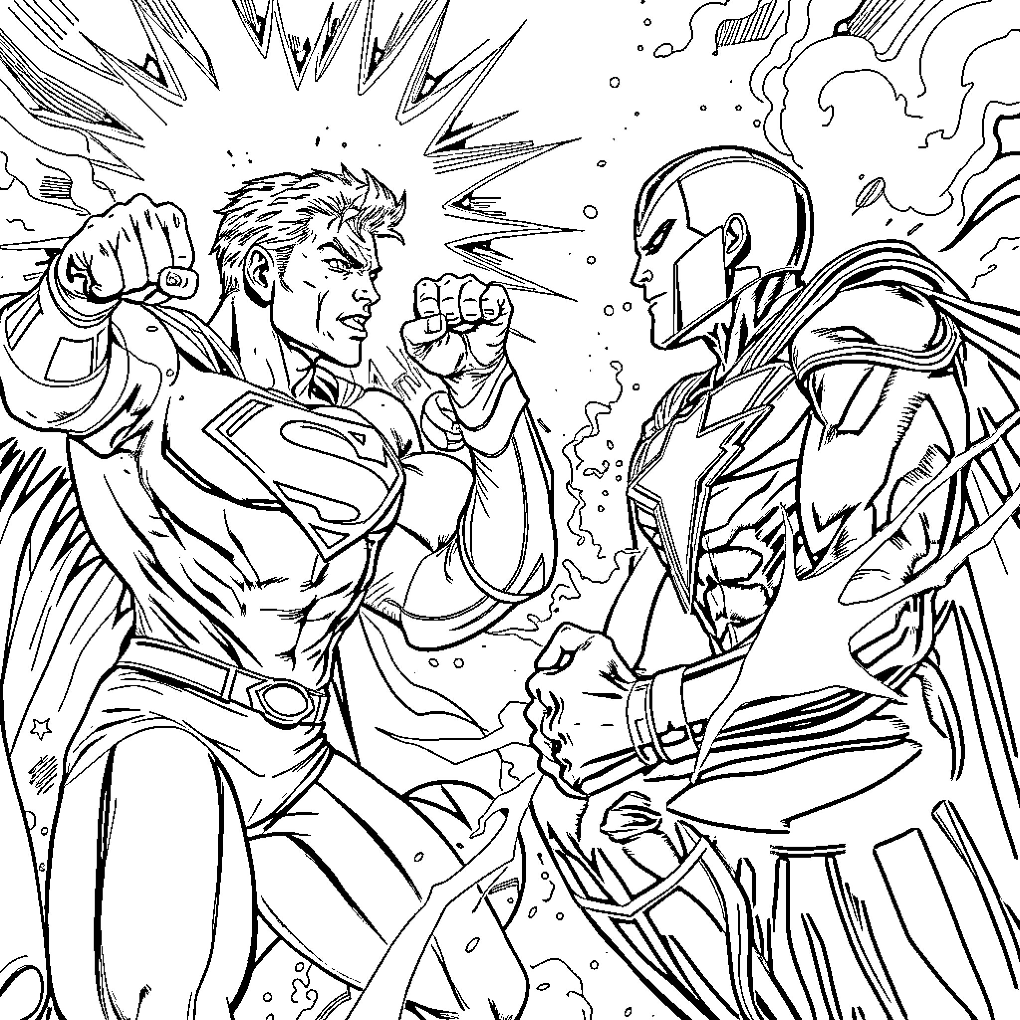 Superman confronting a powerful foe in an intense battle Coloring Page (free black-and-white line drawing printable PDF for all, from beginners to advanced learners, including children, teens, adults, and seniors)