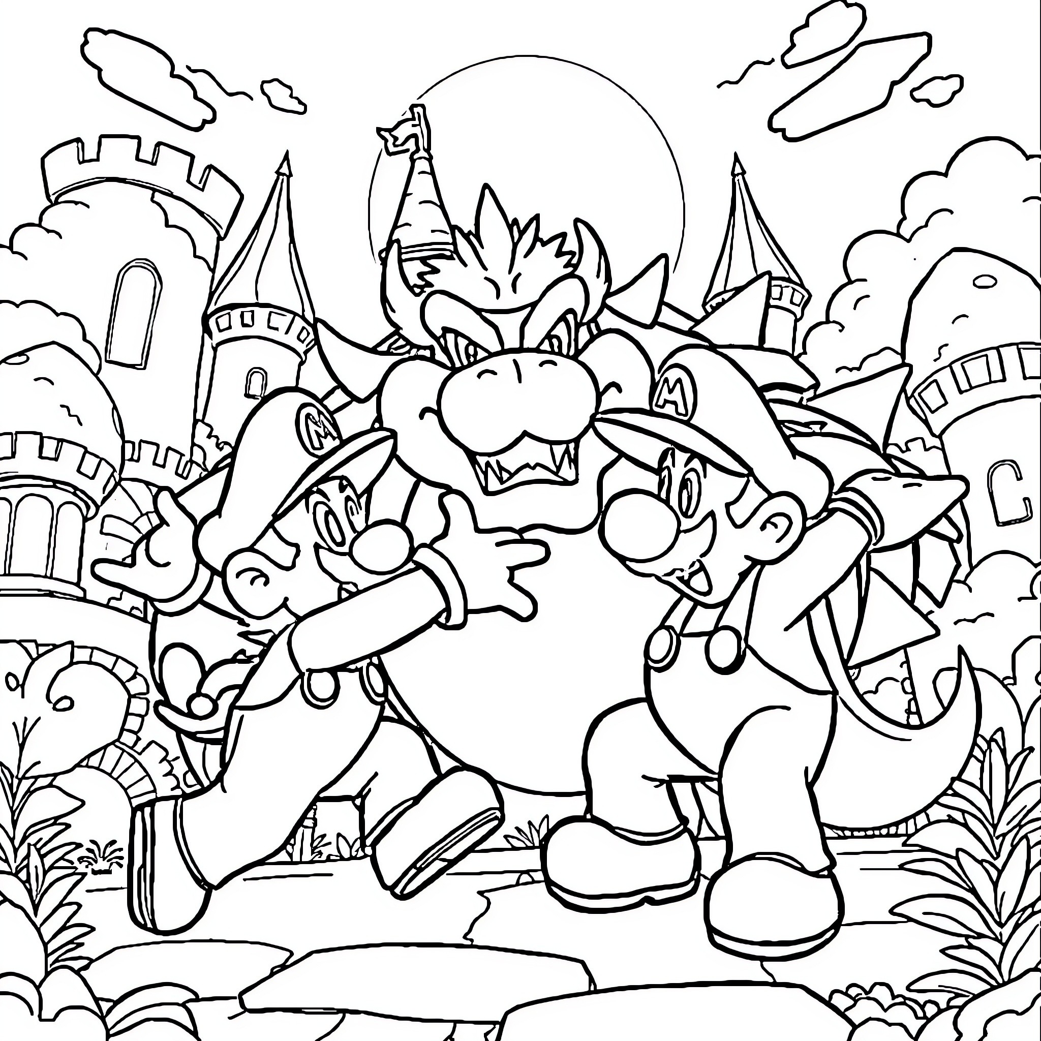 Mario and Bowser in a Fantastical Landscape Coloring Page (free black-and-white line drawing printable PDF for all, from beginners to advanced learners, including children, teens, adults, and seniors)