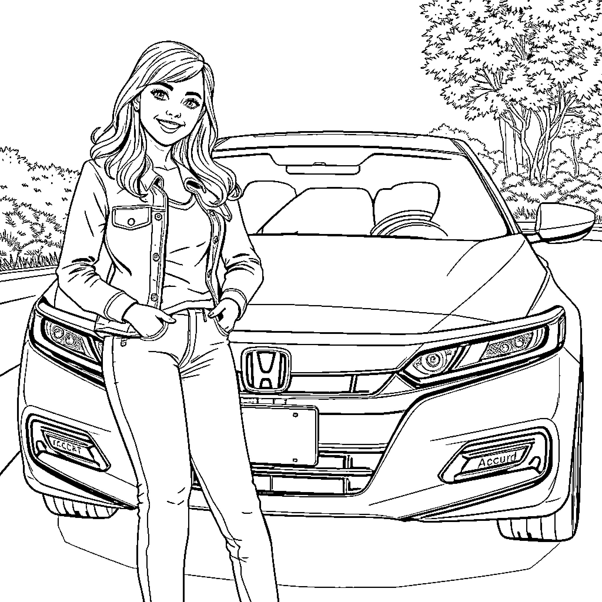 Lady Standing Confidently Next to Her Car Coloring Page (free black-and-white line drawing printable PDF for all, from beginners to advanced learners, including children, teens, adults, and seniors)