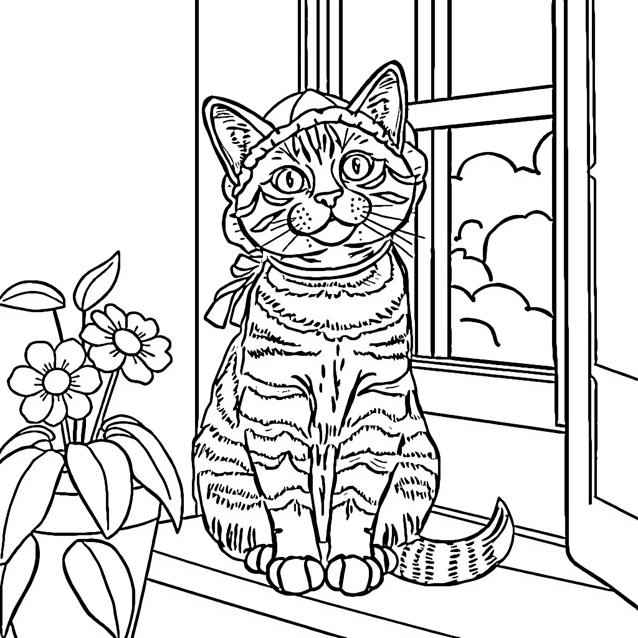 Cat peeking through window at flowers Coloring Page (free black-and-white line drawing printable PDF for all, from beginners to advanced learners, including children, teens, adults, and seniors)