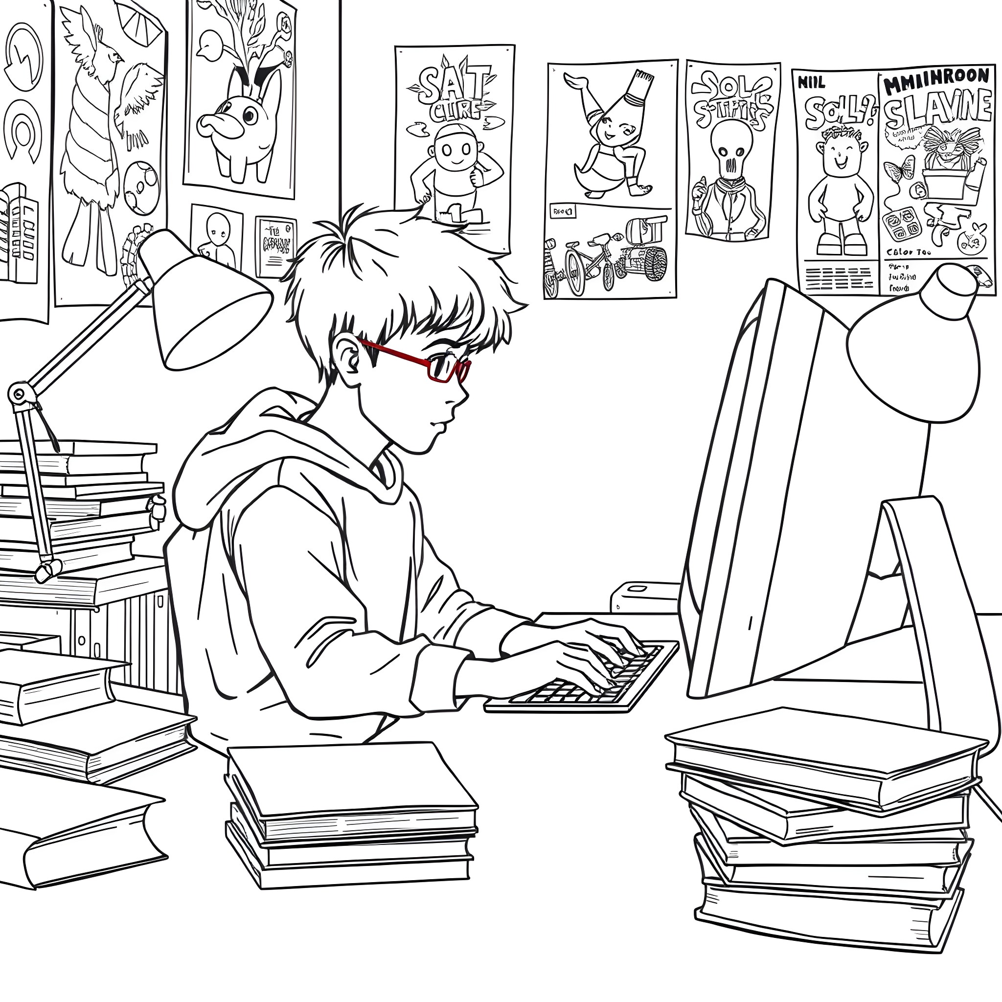 Child studying at desk in room with posters Coloring Page (free black-and-white line drawing printable PDF for all, from beginners to advanced learners, including children, teens, adults, and seniors)