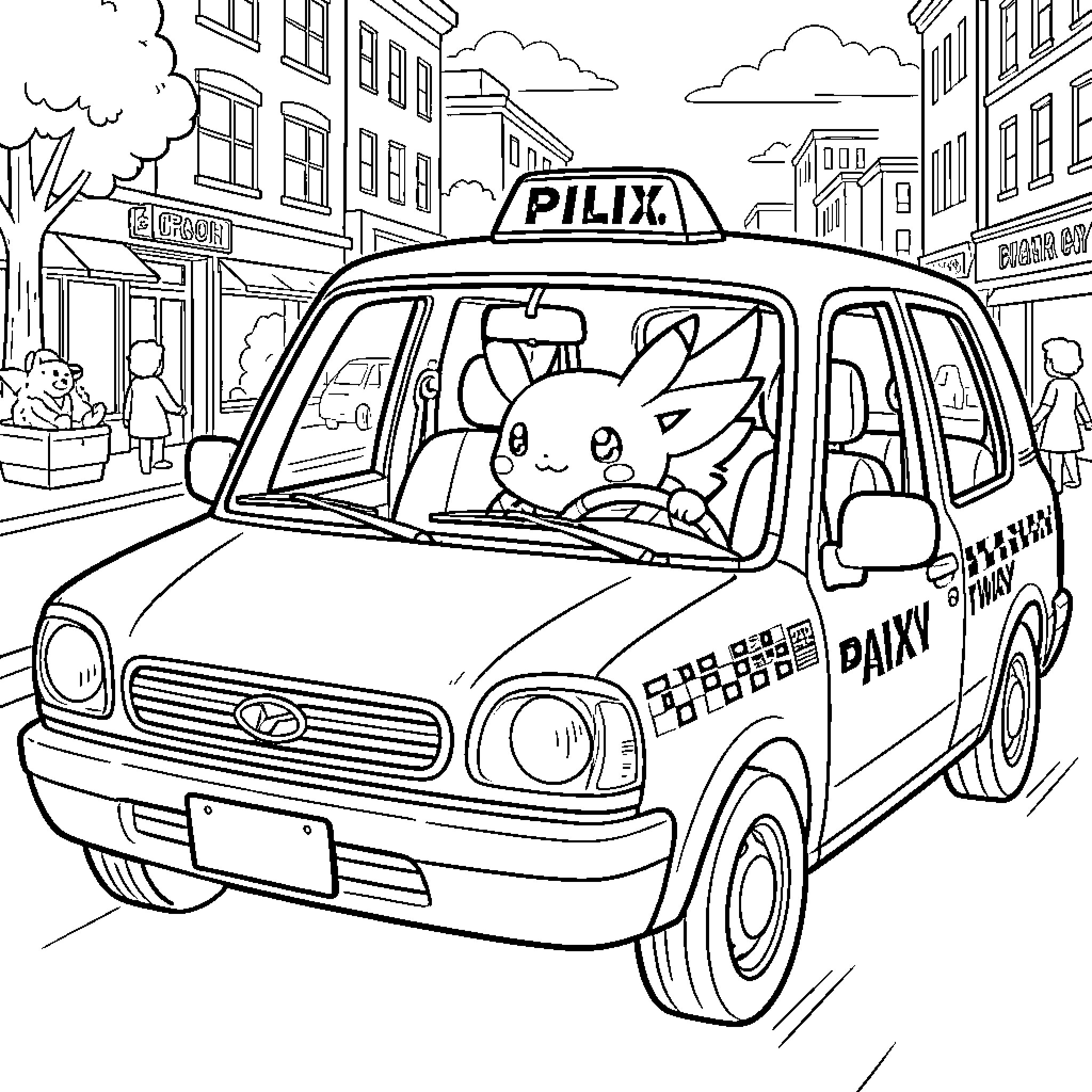 Pokémon driving a taxi through city streets Coloring Page (free black-and-white line drawing printable PDF for all, from beginners to advanced learners, including children, teens, adults, and seniors)