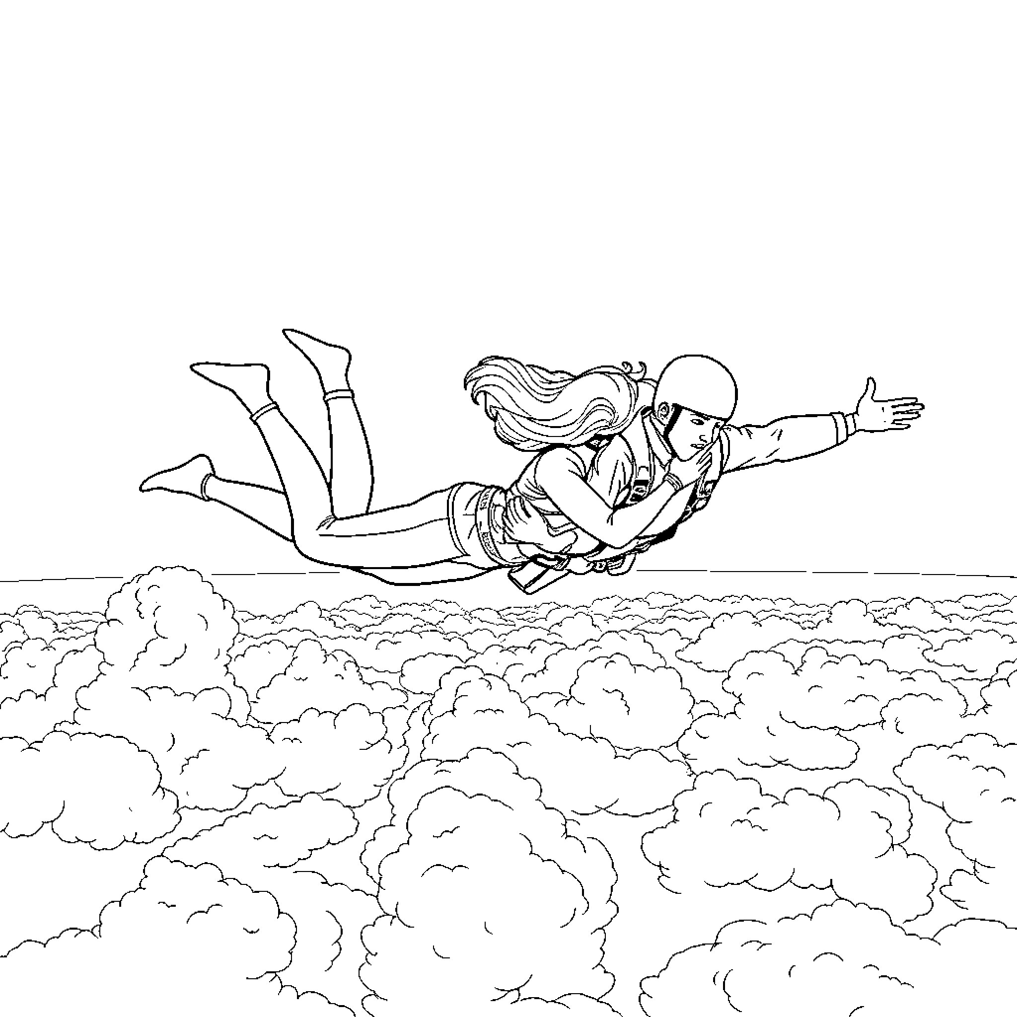 Lovers soaring through the cloudy skies Coloring Page (free black-and-white line drawing printable PDF for all, from beginners to advanced learners, including children, teens, adults, and seniors)