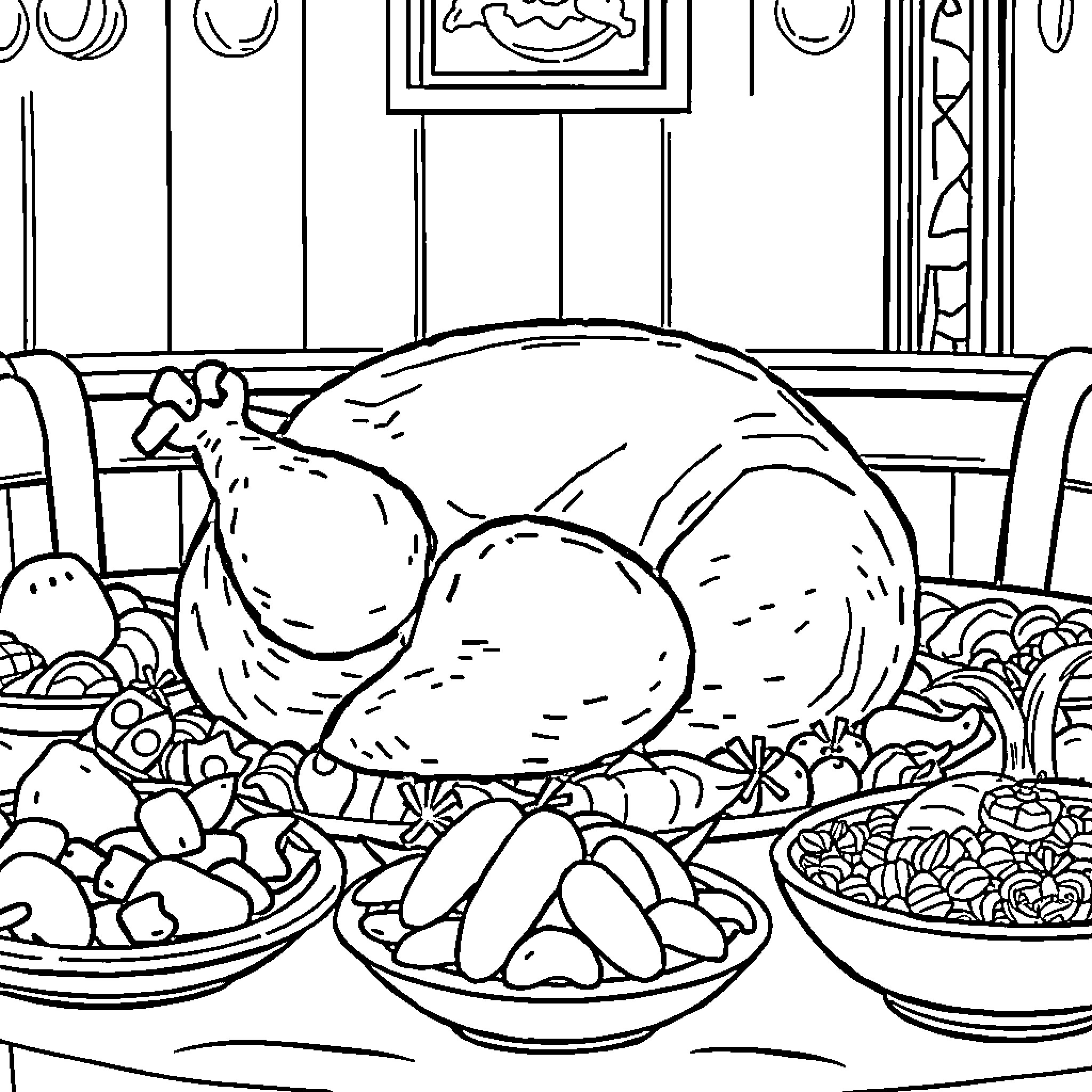 Turkey and Thanksgiving Feast Coloring Page (free black-and-white line drawing printable PDF for all, from beginners to advanced learners, including children, teens, adults, and seniors)