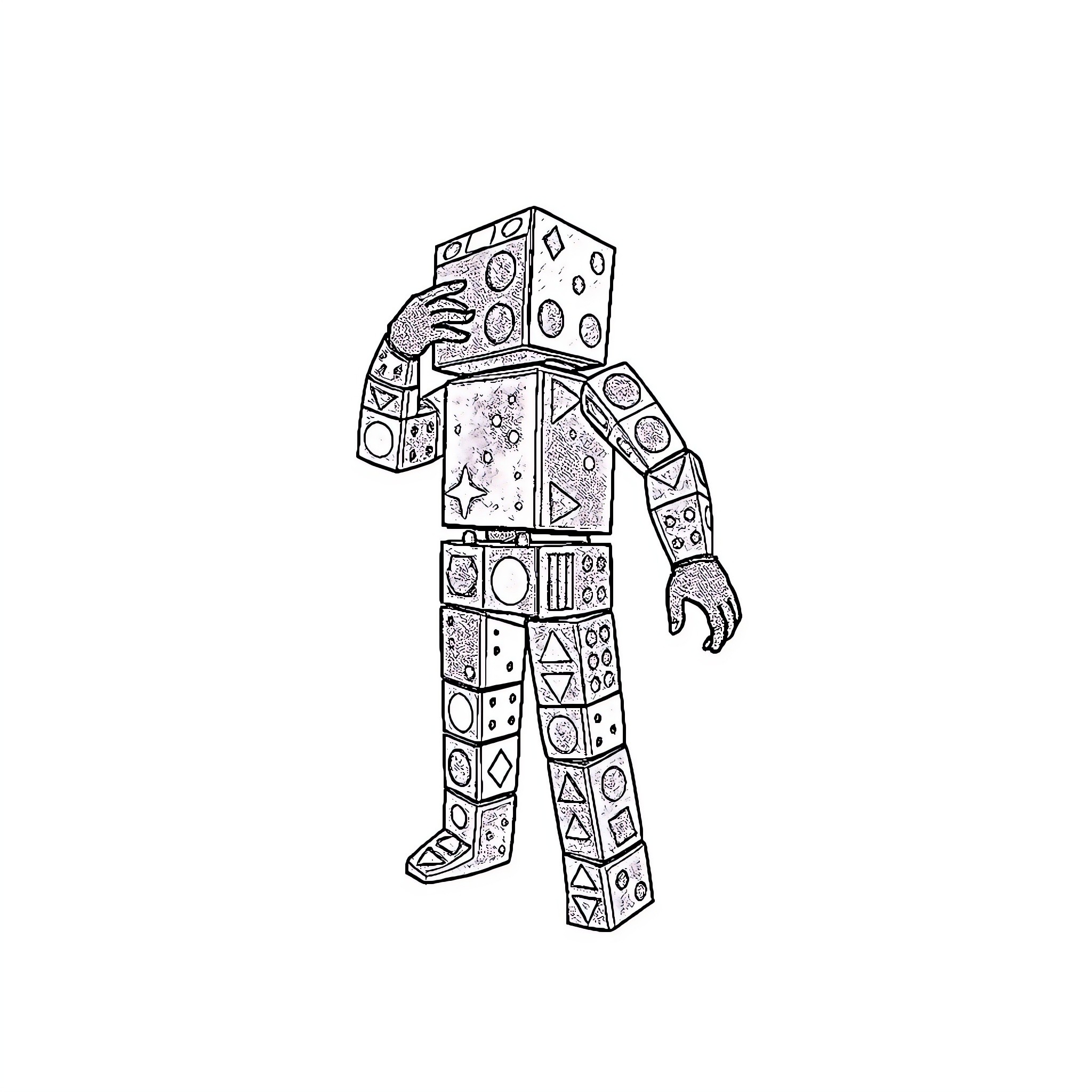 Dice Man Exploring Abstract Geometric Outfit Coloring Page (free black-and-white line drawing printable PDF for all, from beginners to advanced learners, including children, teens, adults, and seniors)