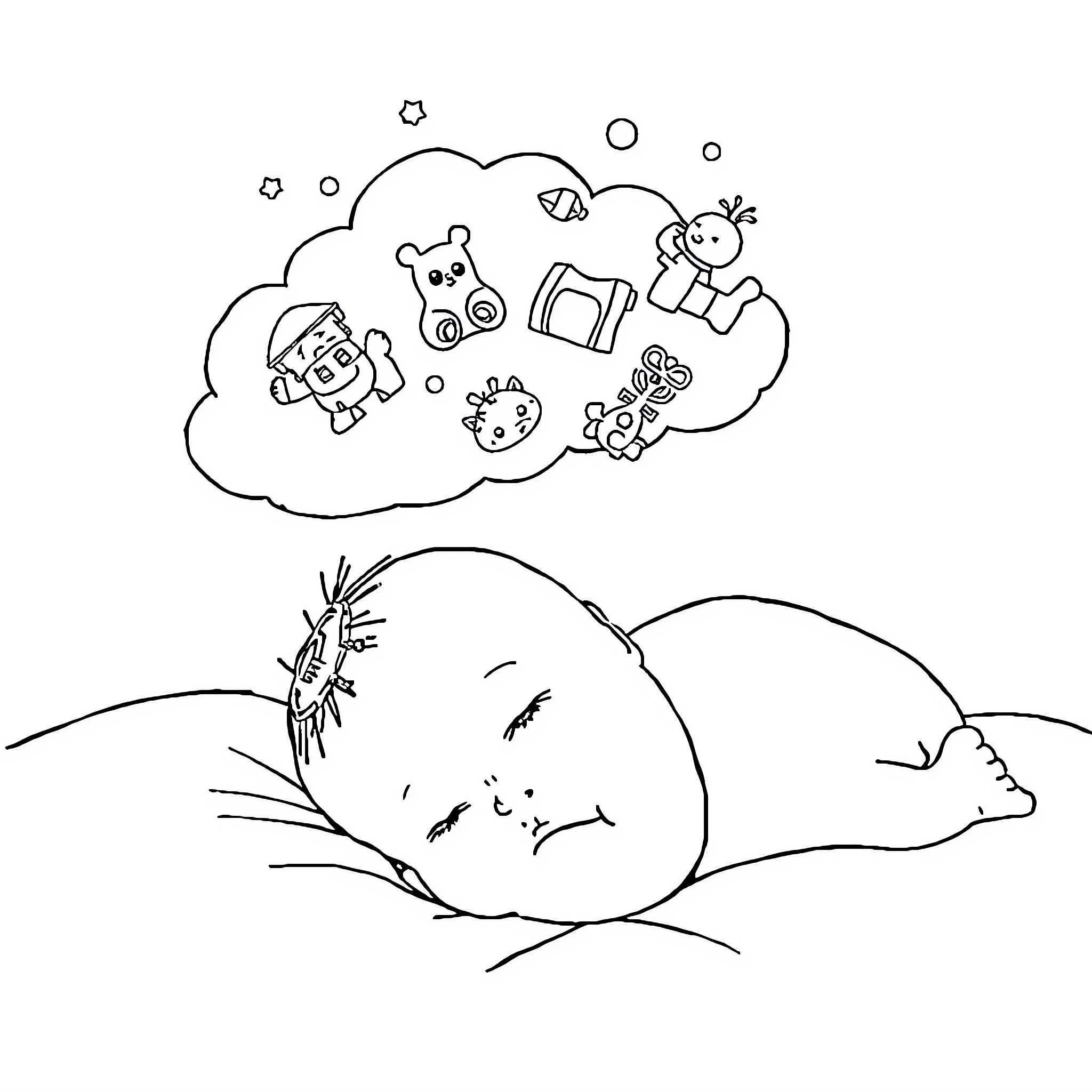 Baby sleeping and dreaming of toys Coloring Page (free black-and-white line drawing printable PDF for all, from beginners to advanced learners, including children, teens, adults, and seniors)