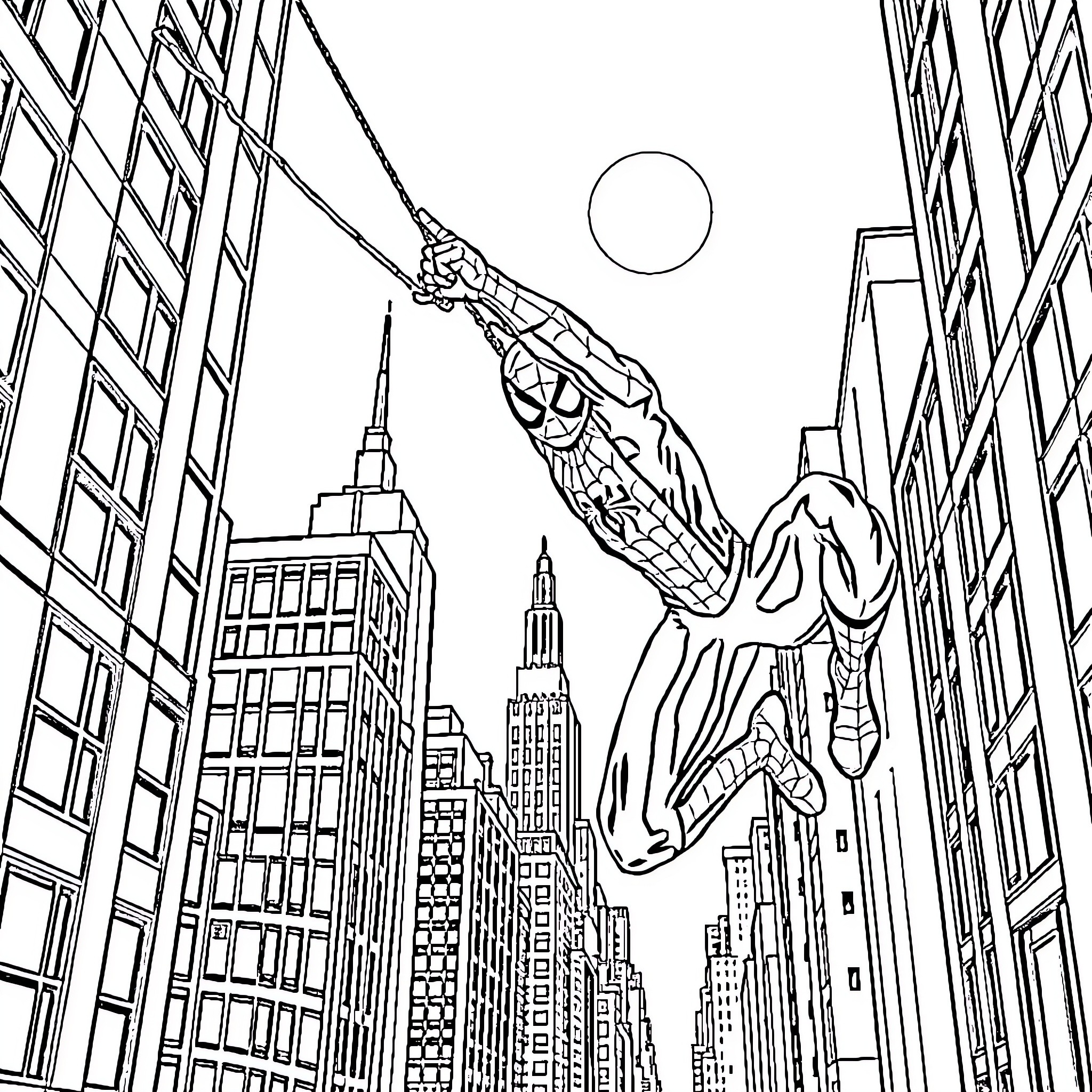 Spider-Man swinging through the city skyline Coloring Page (free black-and-white line drawing printable PDF for all, from beginners to advanced learners, including children, teens, adults, and seniors)