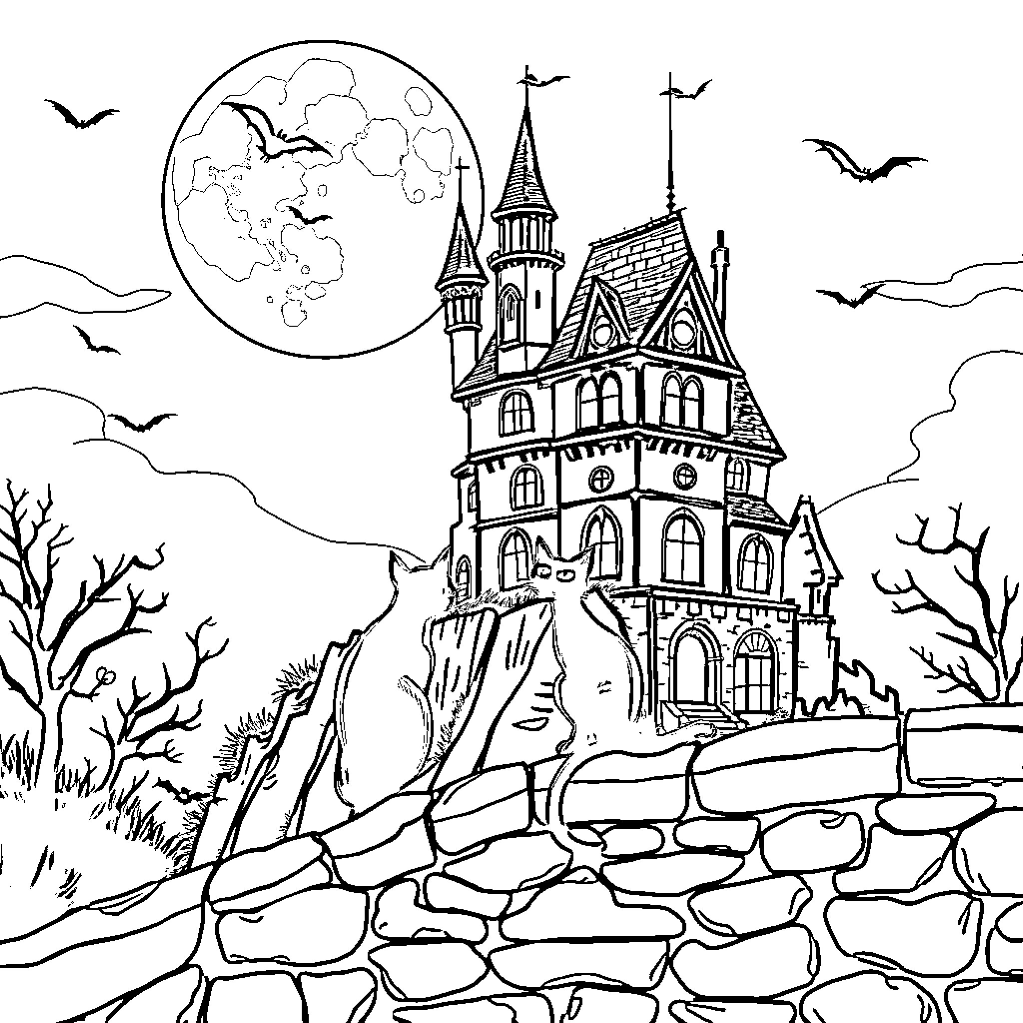Cat castle in the moonlit night Coloring Page (free black-and-white line drawing printable PDF for all, from beginners to advanced learners, including children, teens, adults, and seniors)