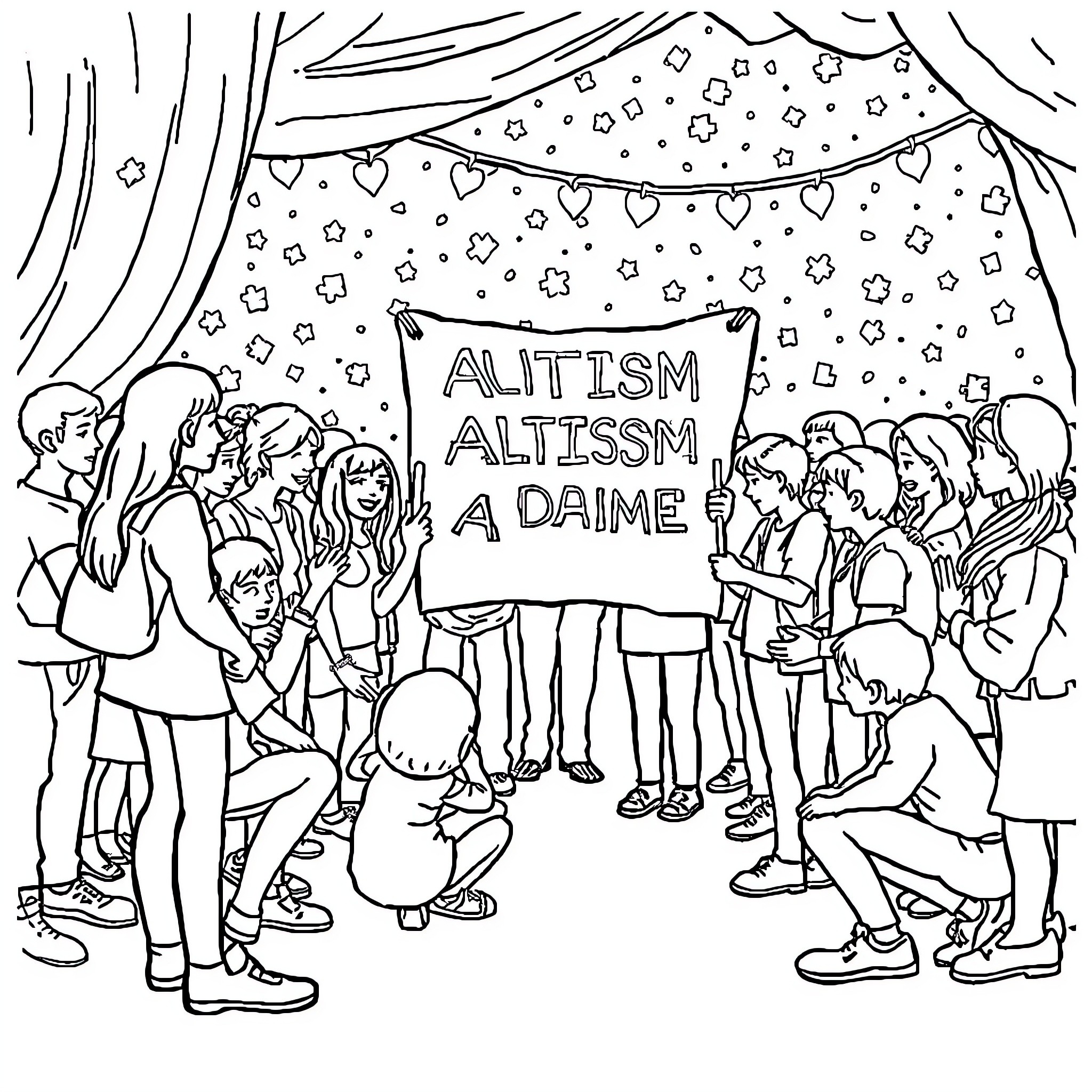 Autism Awareness March with Diverse Participants Coloring Page (free black-and-white line drawing printable PDF for all, from beginners to advanced learners, including children, teens, adults, and seniors)