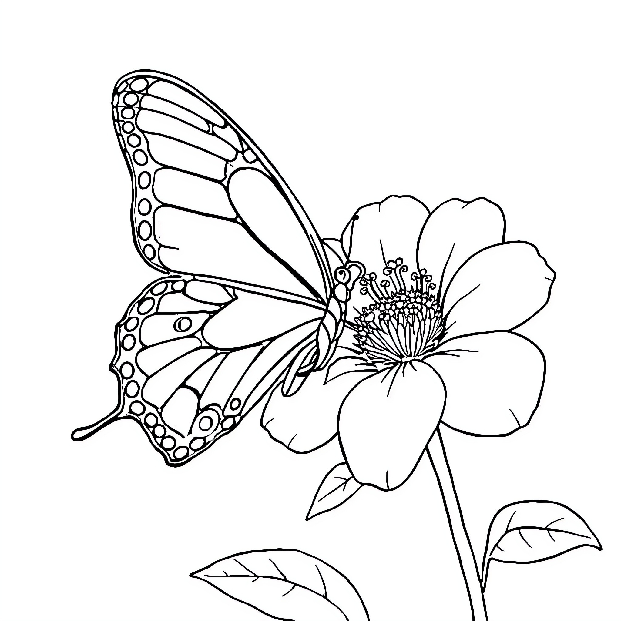 Butterfly resting on a detailed flower Coloring Page (free black-and-white line drawing printable PDF for all, from beginners to advanced learners, including children, teens, adults, and seniors)