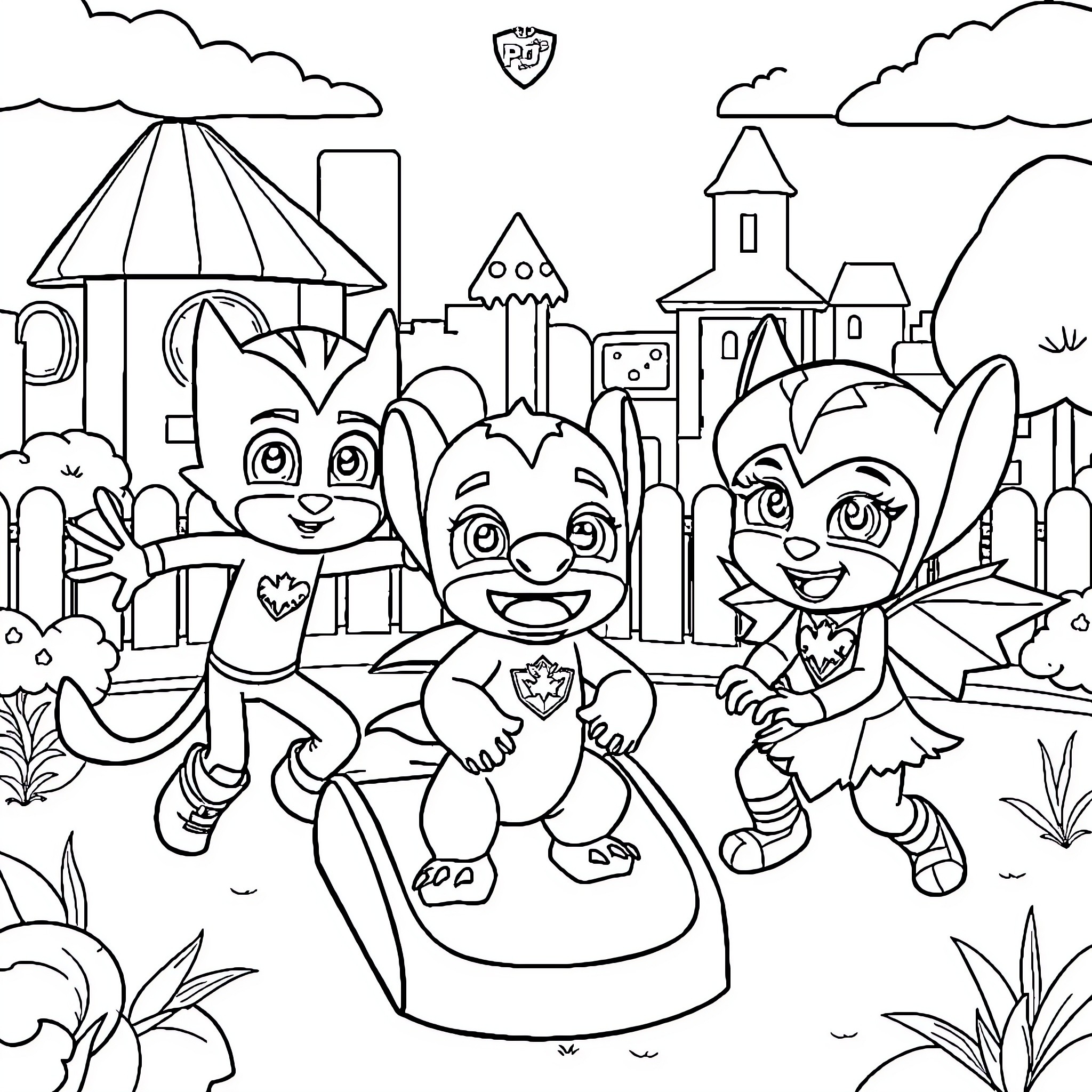 Pj Masks characters playing in an amusement park Coloring Page (free black-and-white line drawing printable PDF for all, from beginners to advanced learners, including children, teens, adults, and seniors)