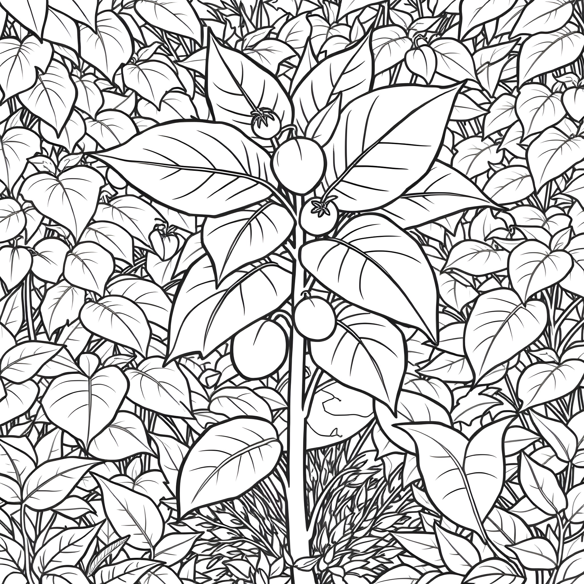 Mayapple plant in a lush, leafy setting Coloring Page (free black-and-white line drawing printable PDF for all, from beginners to advanced learners, including children, teens, adults, and seniors)