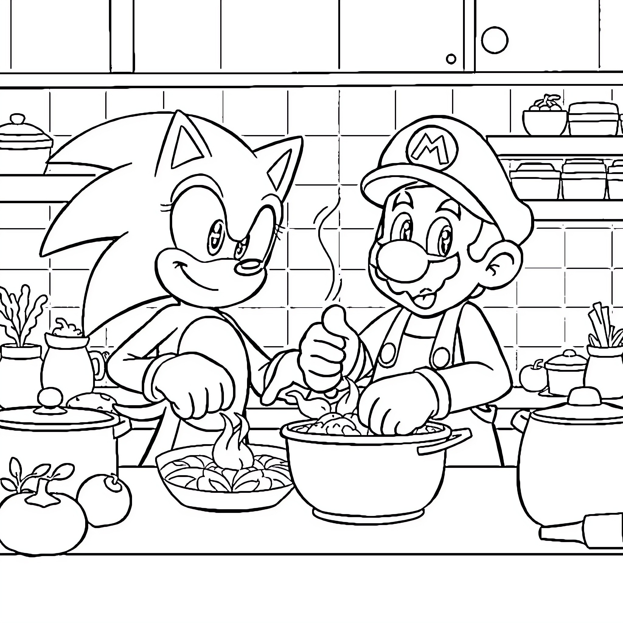 Sonic and Mario cooking together in the kitchen Coloring Page (free black-and-white line drawing printable PDF for all, from beginners to advanced learners, including children, teens, adults, and seniors)