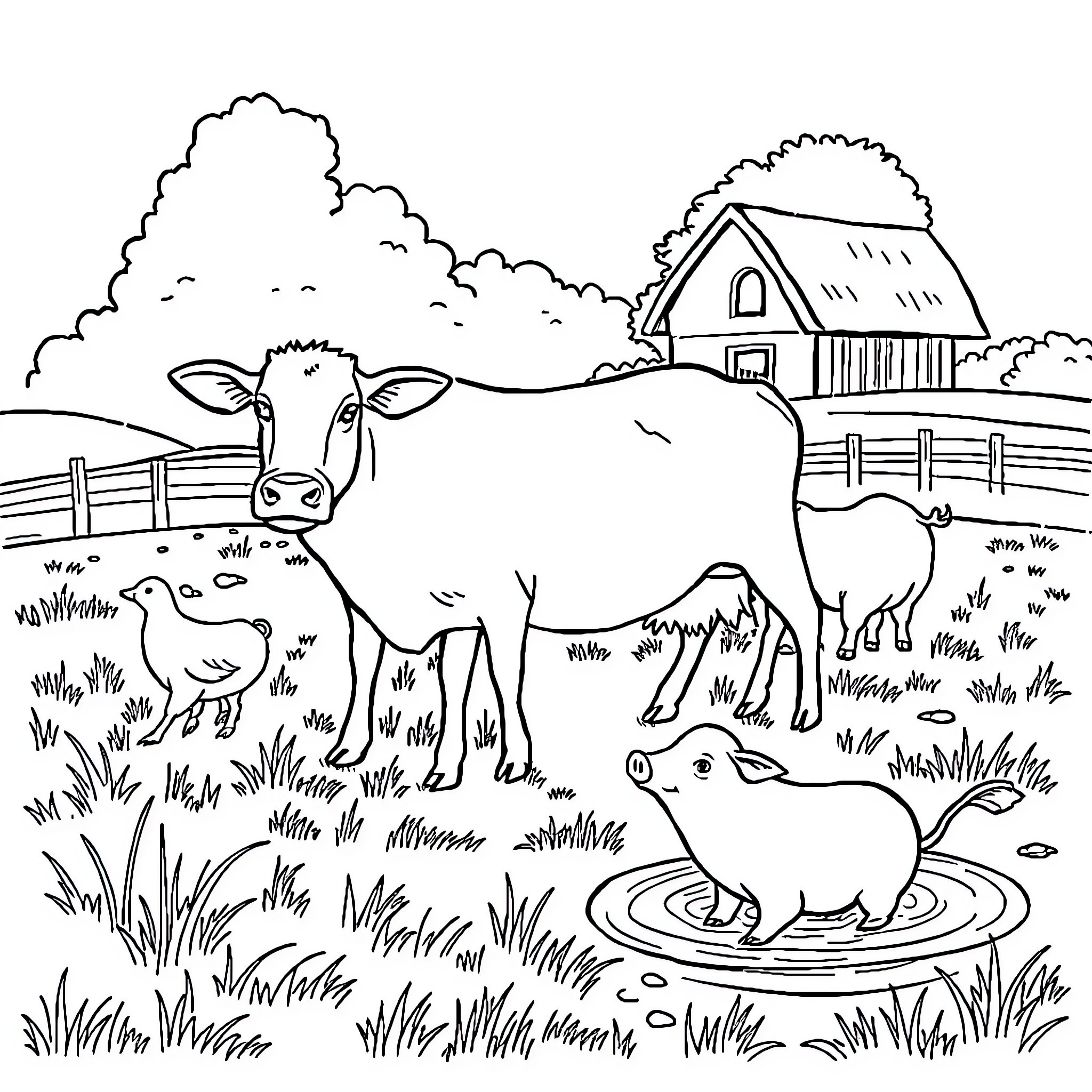 Farm Animal Tranquil Farmyard Scene with Cows and Chickens Coloring Page (free black-and-white line drawing printable PDF for all, from beginners to advanced learners, including children, teens, adults, and seniors)