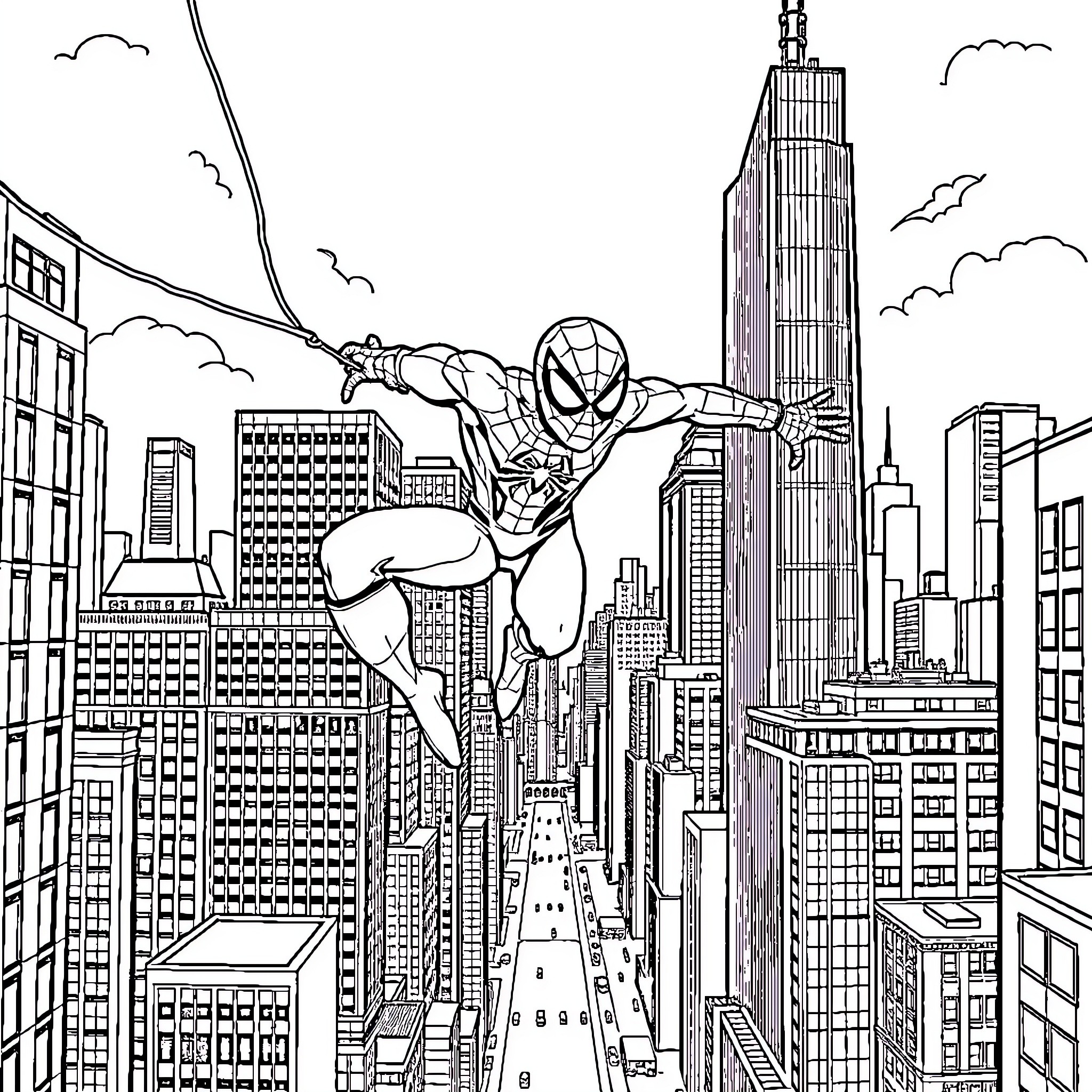 Spiderman swinging through the city skyline Coloring Page (free black-and-white line drawing printable PDF for all, from beginners to advanced learners, including children, teens, adults, and seniors)