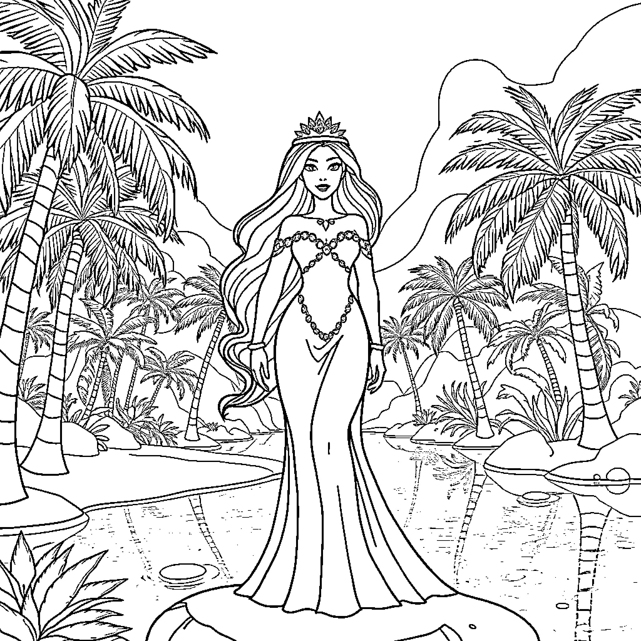 Princess in Tropical Paradise Coloring Page (free black-and-white line drawing printable PDF for all, from beginners to advanced learners, including children, teens, adults, and seniors)