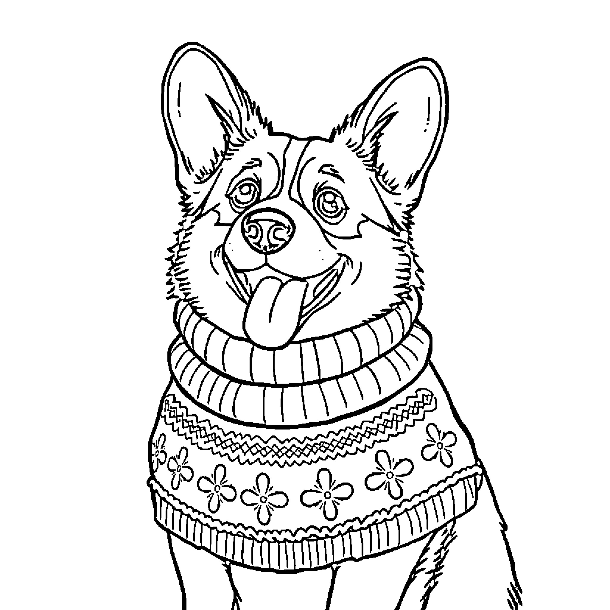 Corgi wearing a cozy sweater and looking cheerful Coloring Page (free black-and-white line drawing printable PDF for all, from beginners to advanced learners, including children, teens, adults, and seniors)