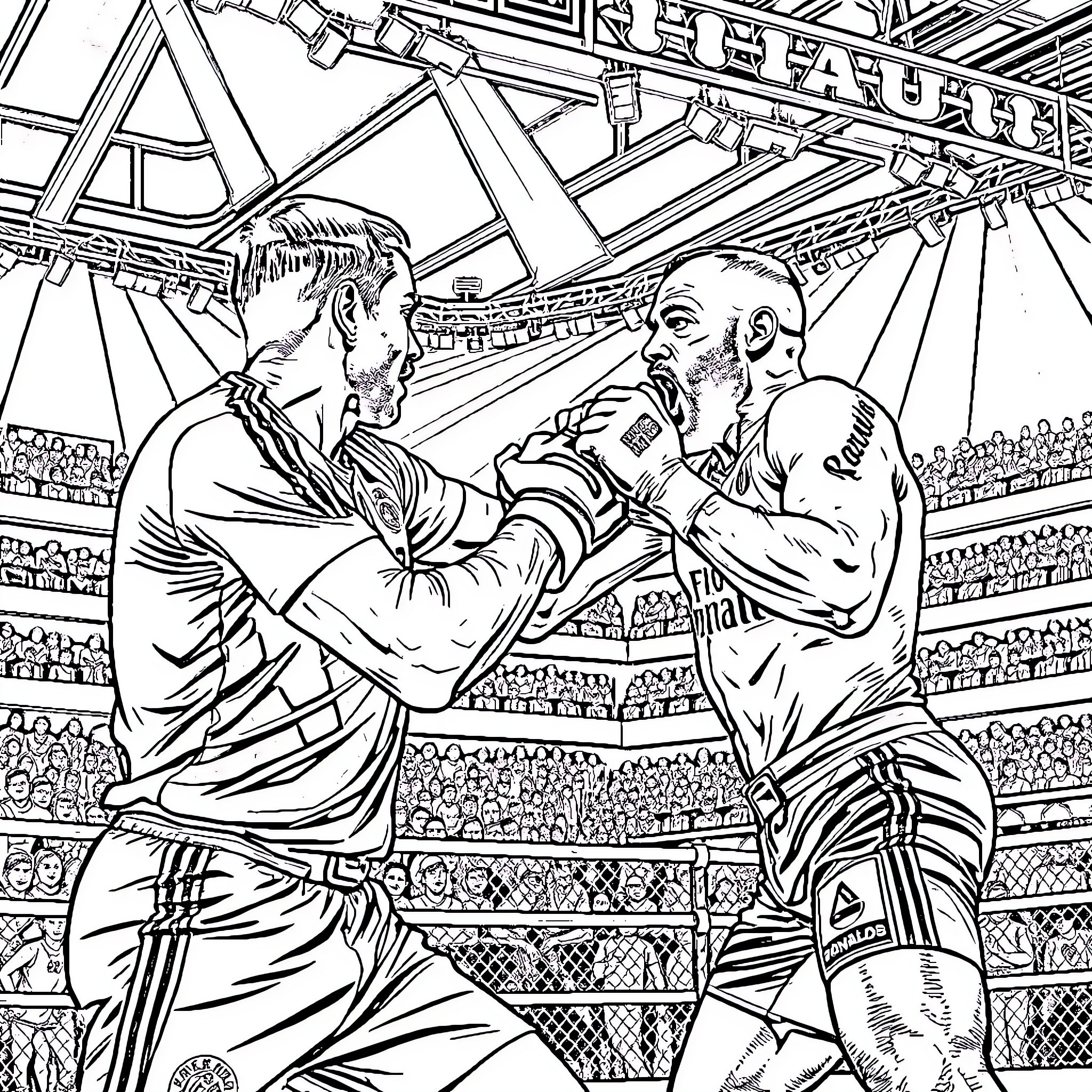 Cristiano Ronaldo Engaged in Intense Sports Competition Coloring Page (free black-and-white line drawing printable PDF for all, from beginners to advanced learners, including children, teens, adults, and seniors)