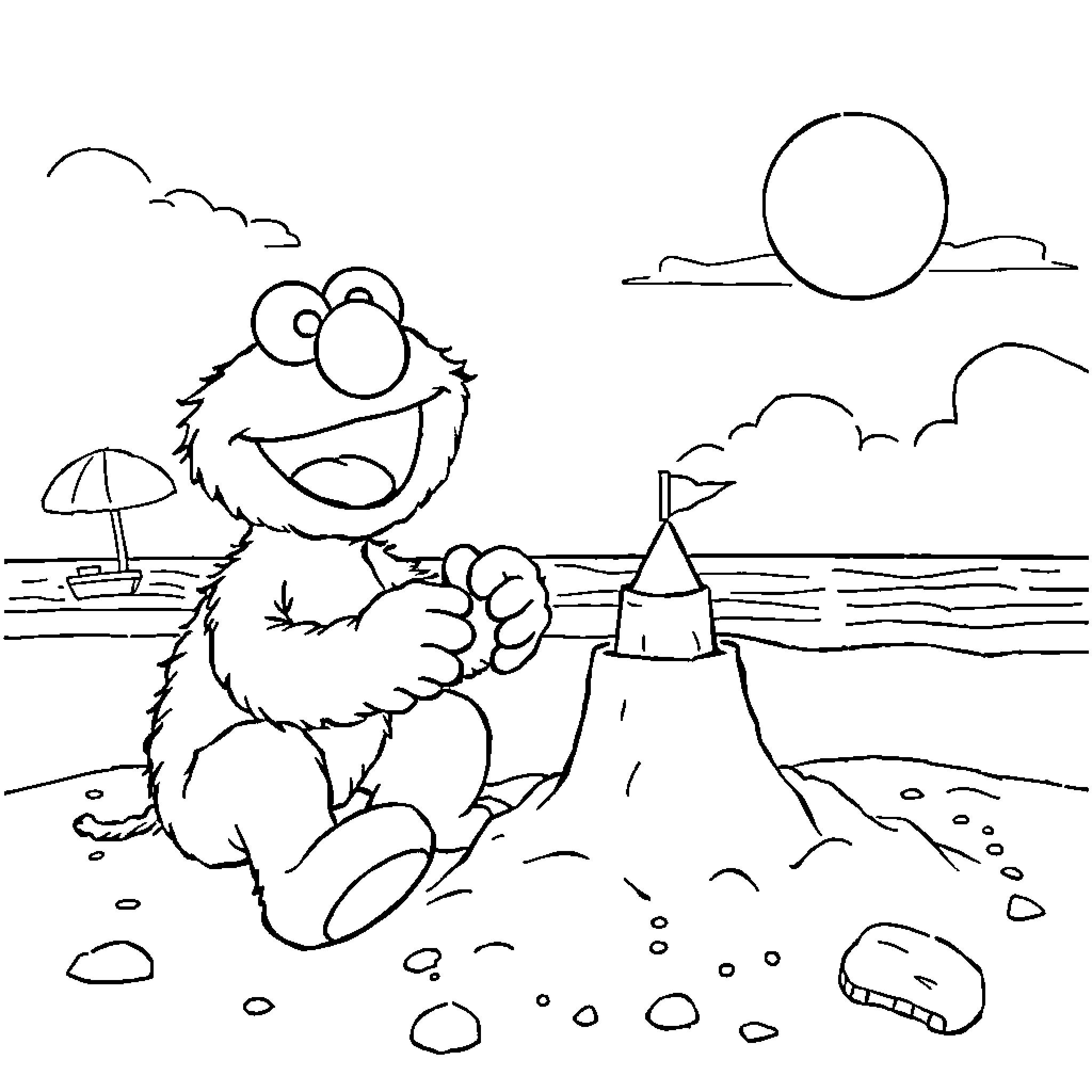 Elmo enjoying a day at the beach Coloring Page (free black-and-white line drawing printable PDF for all, from beginners to advanced learners, including children, teens, adults, and seniors)