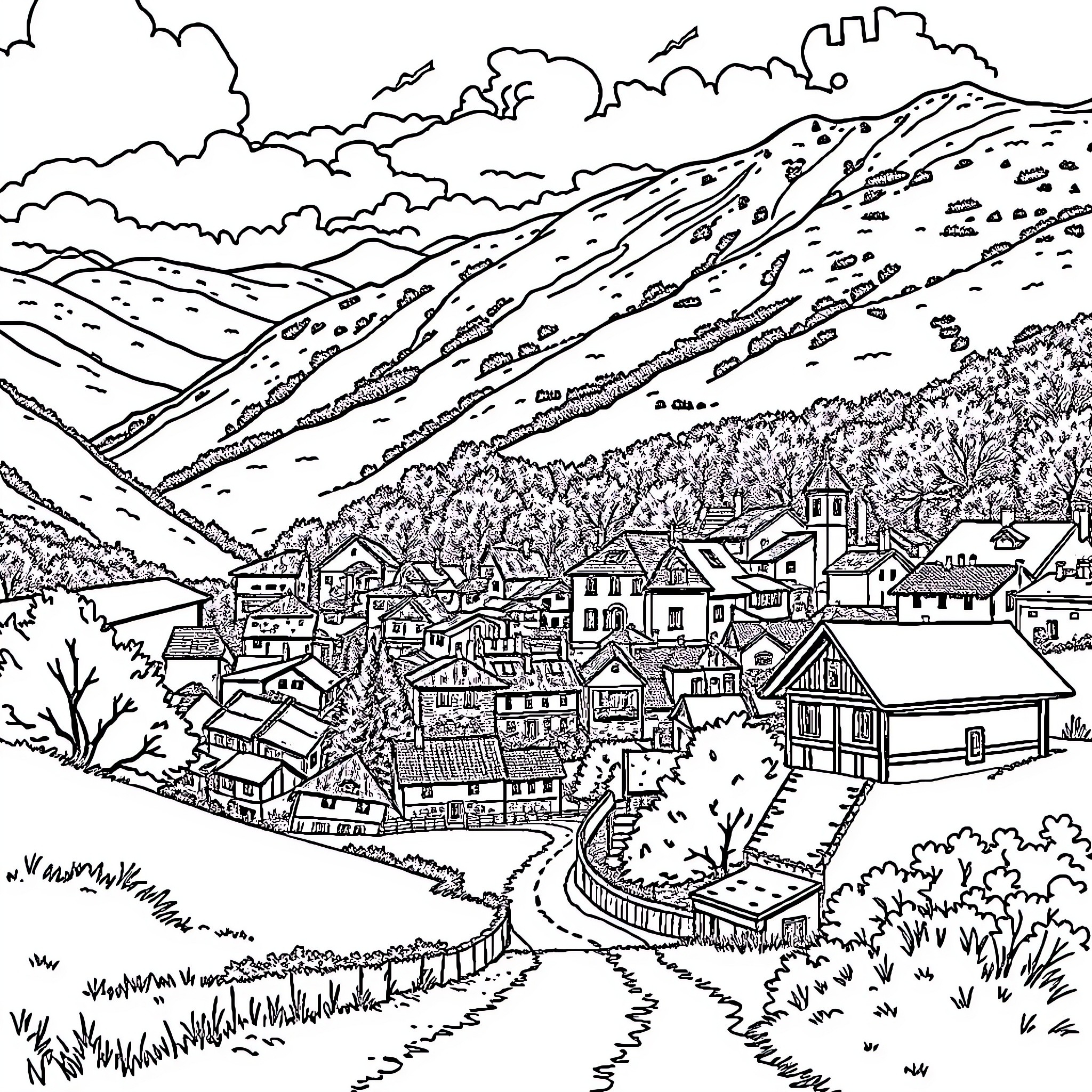 Conthey: Peaceful mountain town nestled in the landscape Coloring Page (free black-and-white line drawing printable PDF for all, from beginners to advanced learners, including children, teens, adults, and seniors)