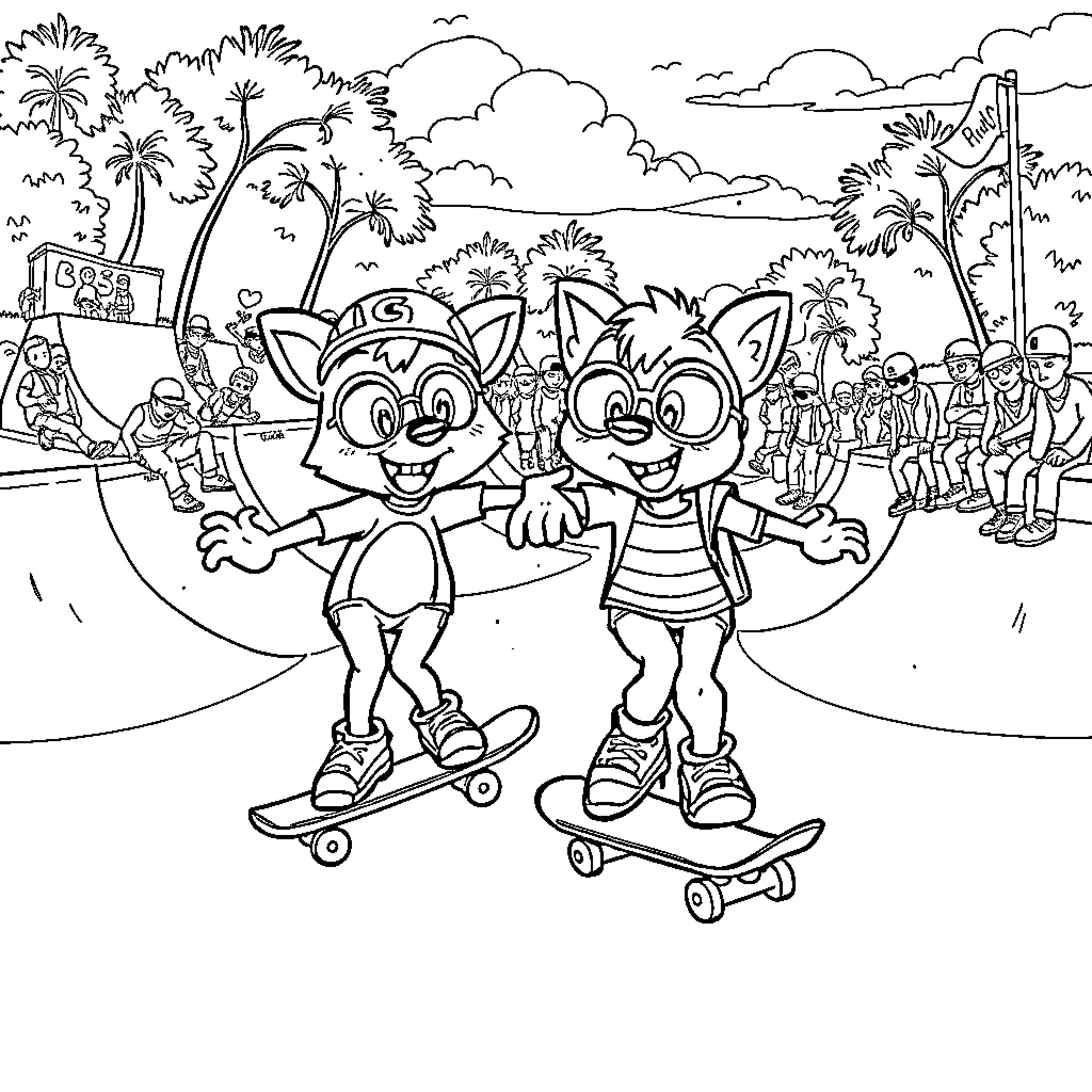 Bluey characters skateboarding in a lively scene Coloring Page (free black-and-white line drawing printable PDF for all, from beginners to advanced learners, including children, teens, adults, and seniors)