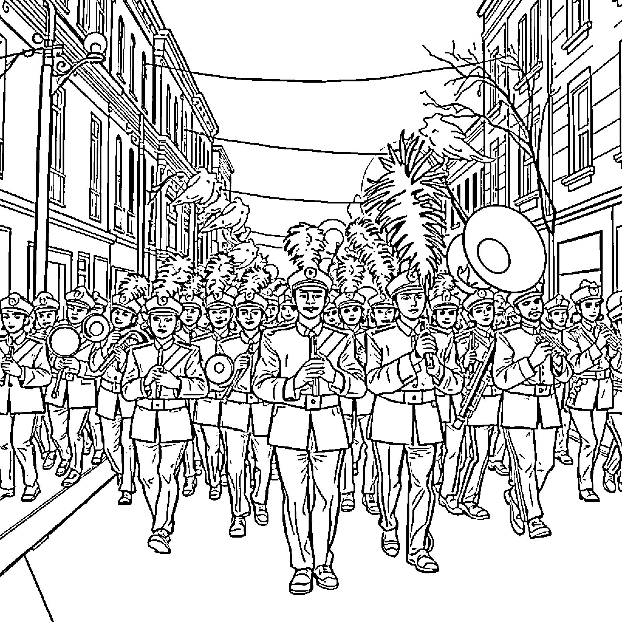 Marching Band Performing in Parade with Uniforms and Instruments Coloring Page (free black-and-white line drawing printable PDF for all, from beginners to advanced learners, including children, teens, adults, and seniors)
