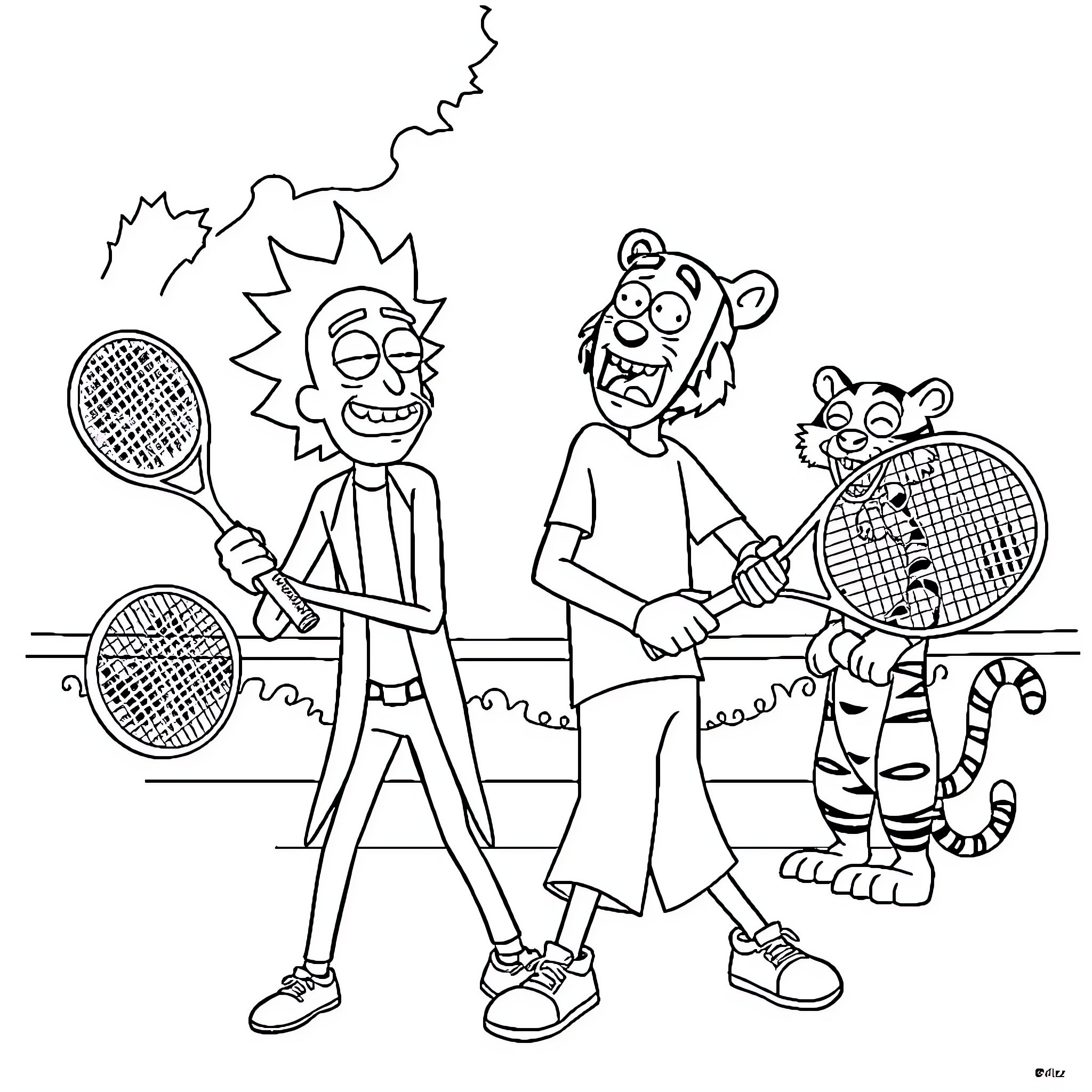 Rick And Morty playing tennis with a tiger Coloring Page (free black-and-white line drawing printable PDF for all, from beginners to advanced learners, including children, teens, adults, and seniors)