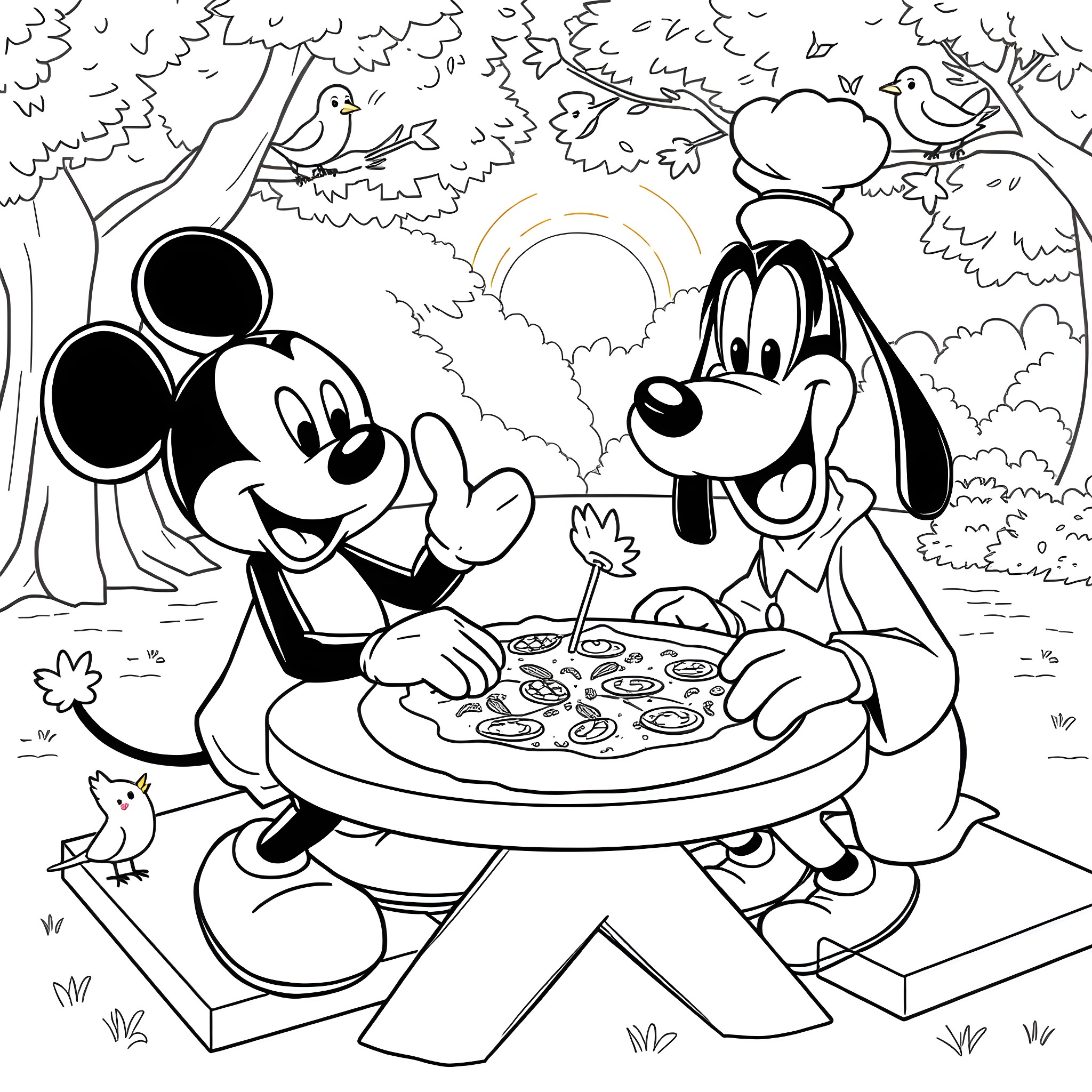 Mickey Mouse and Pluto Enjoying a Picnic Meal Together Coloring Page (free black-and-white line drawing printable PDF for all, from beginners to advanced learners, including children, teens, adults, and seniors)