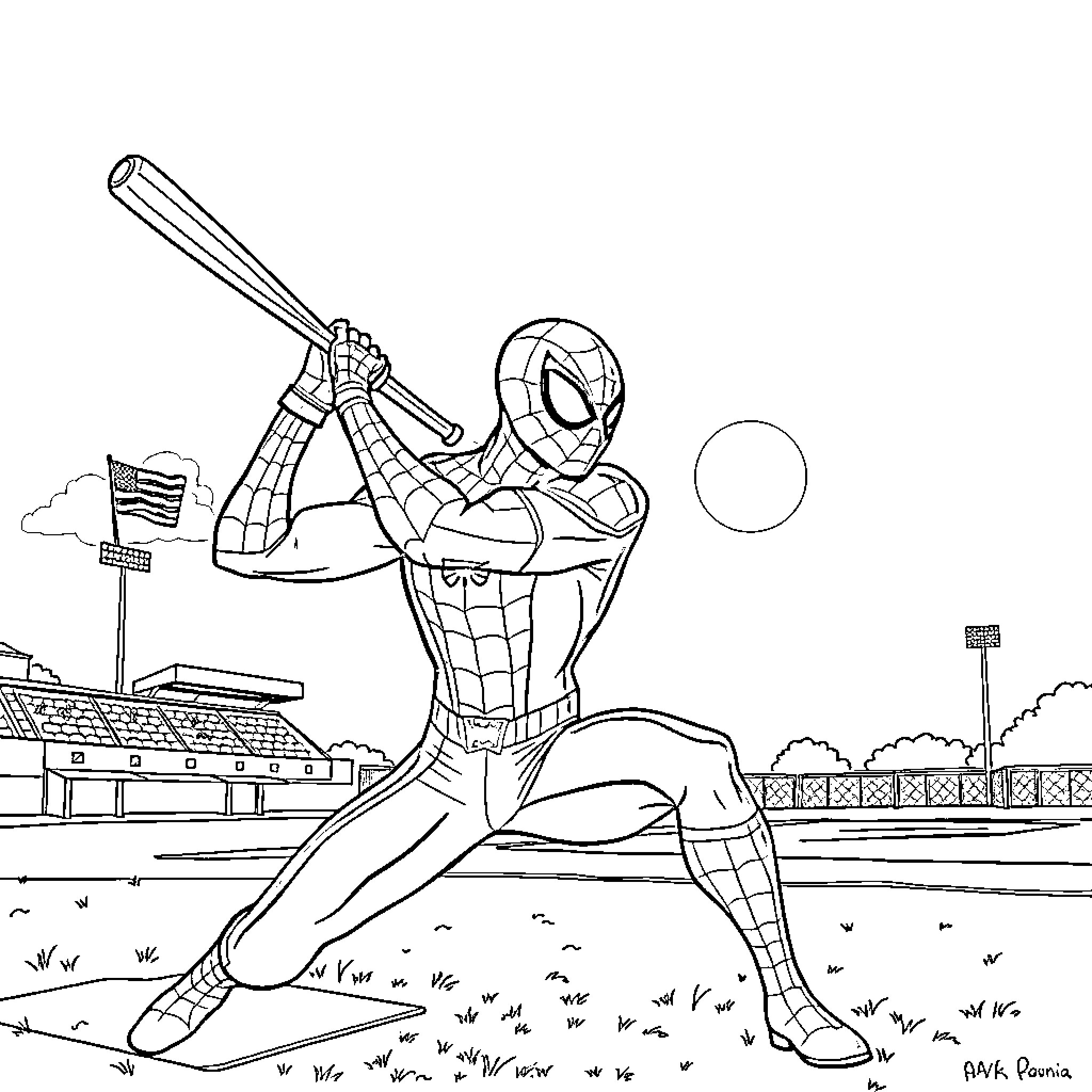 Spiderman in action at the stadium Coloring Page (free black-and-white line drawing printable PDF for all, from beginners to advanced learners, including children, teens, adults, and seniors)