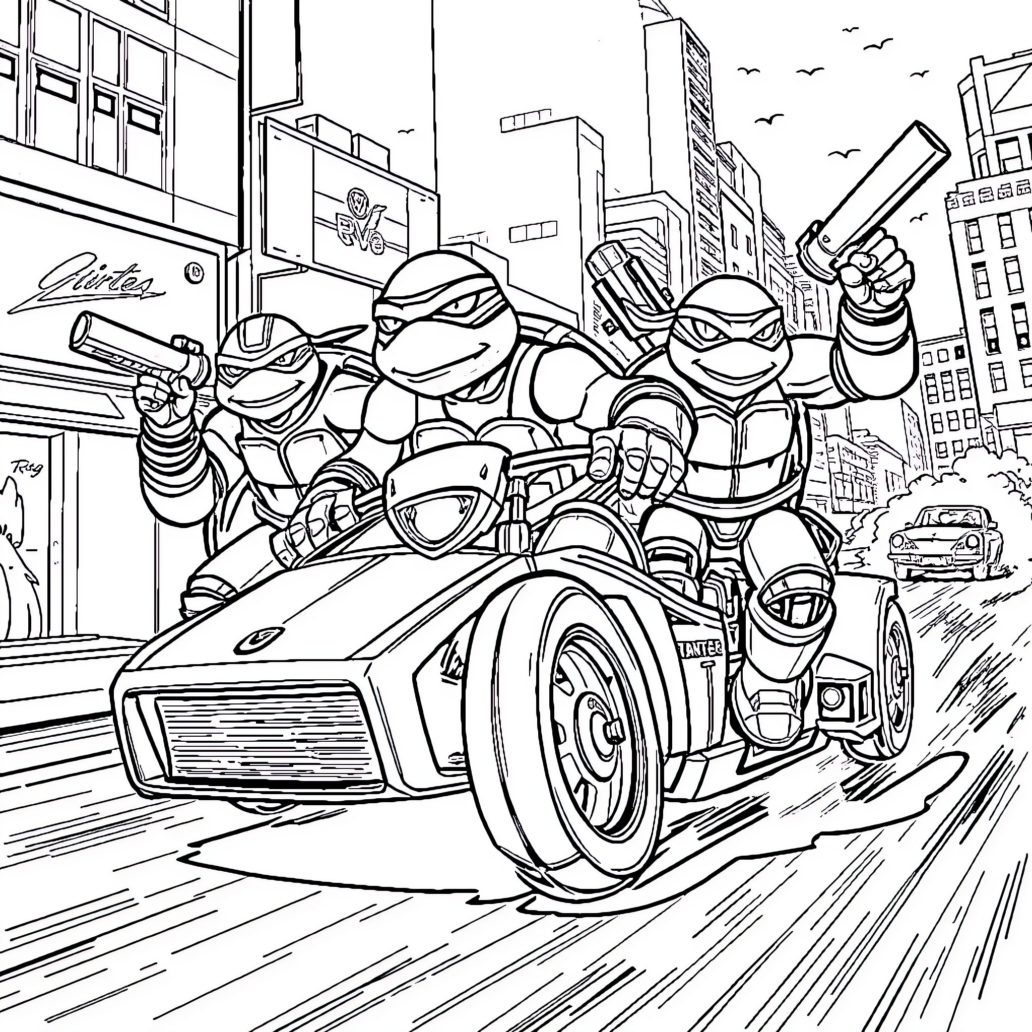 Ninja Turtle Turtles driving a racing car in the city Coloring Page (free black-and-white line drawing printable PDF for all, from beginners to advanced learners, including children, teens, adults, and seniors)