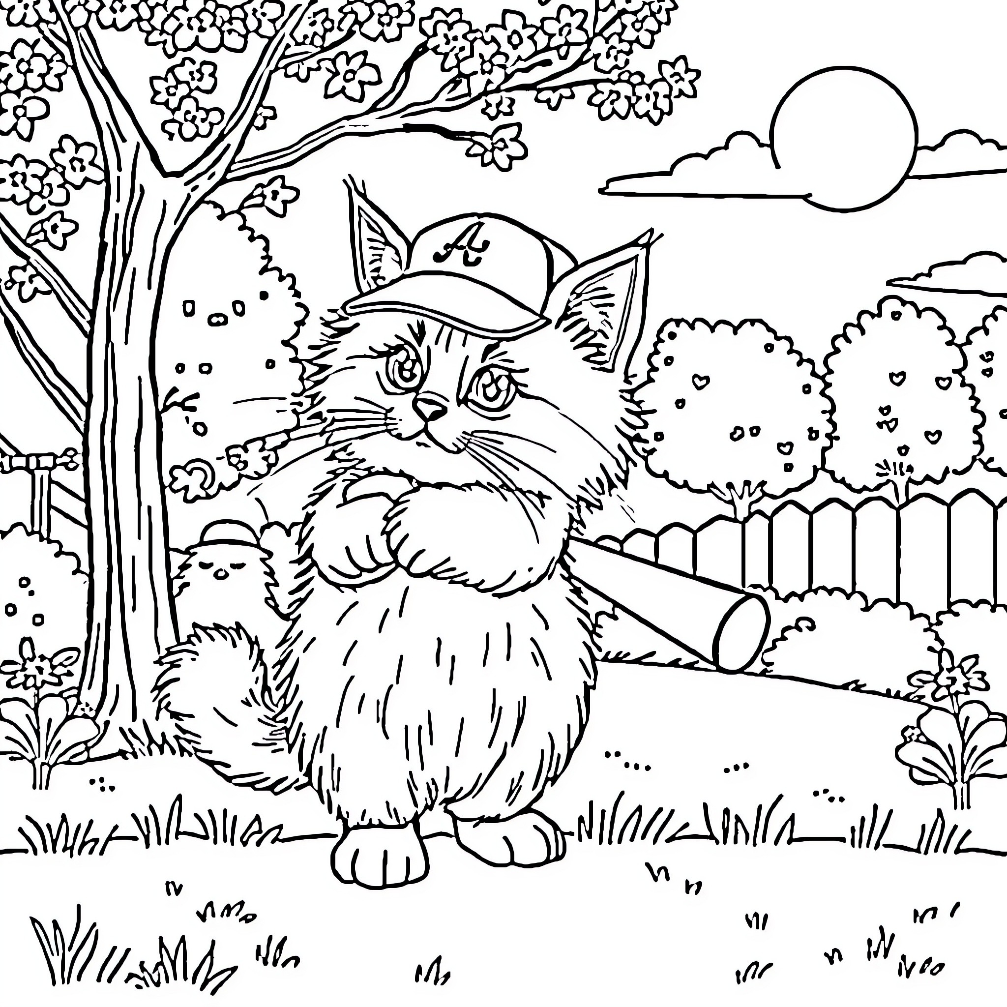 Cat in a Baseball Cap in a Nature Scene Coloring Page (free black-and-white line drawing printable PDF for all, from beginners to advanced learners, including children, teens, adults, and seniors)