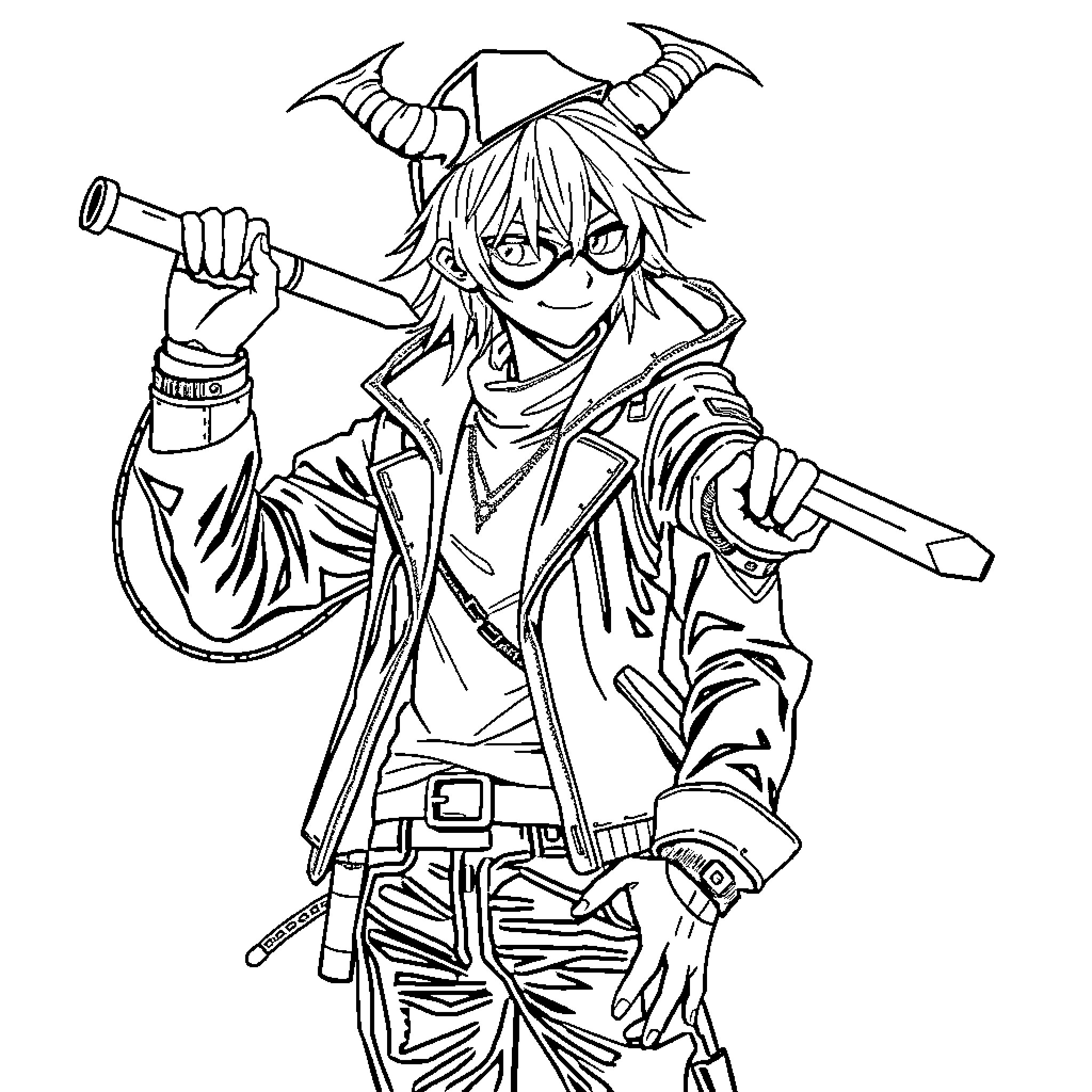 Demon Hunter wielding sword in action pose Coloring Page (free black-and-white line drawing printable PDF for all, from beginners to advanced learners, including children, teens, adults, and seniors)