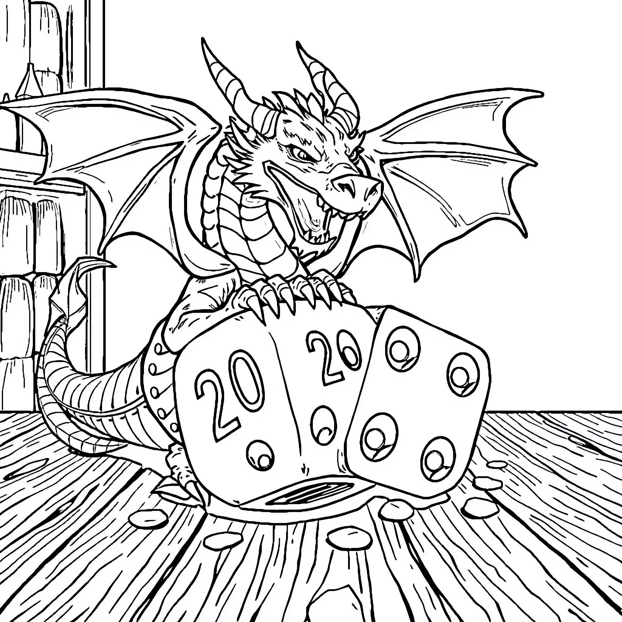 Dragon Guardian Guarding Magical D20 Dice Coloring Page (free black-and-white line drawing printable PDF for all, from beginners to advanced learners, including children, teens, adults, and seniors)