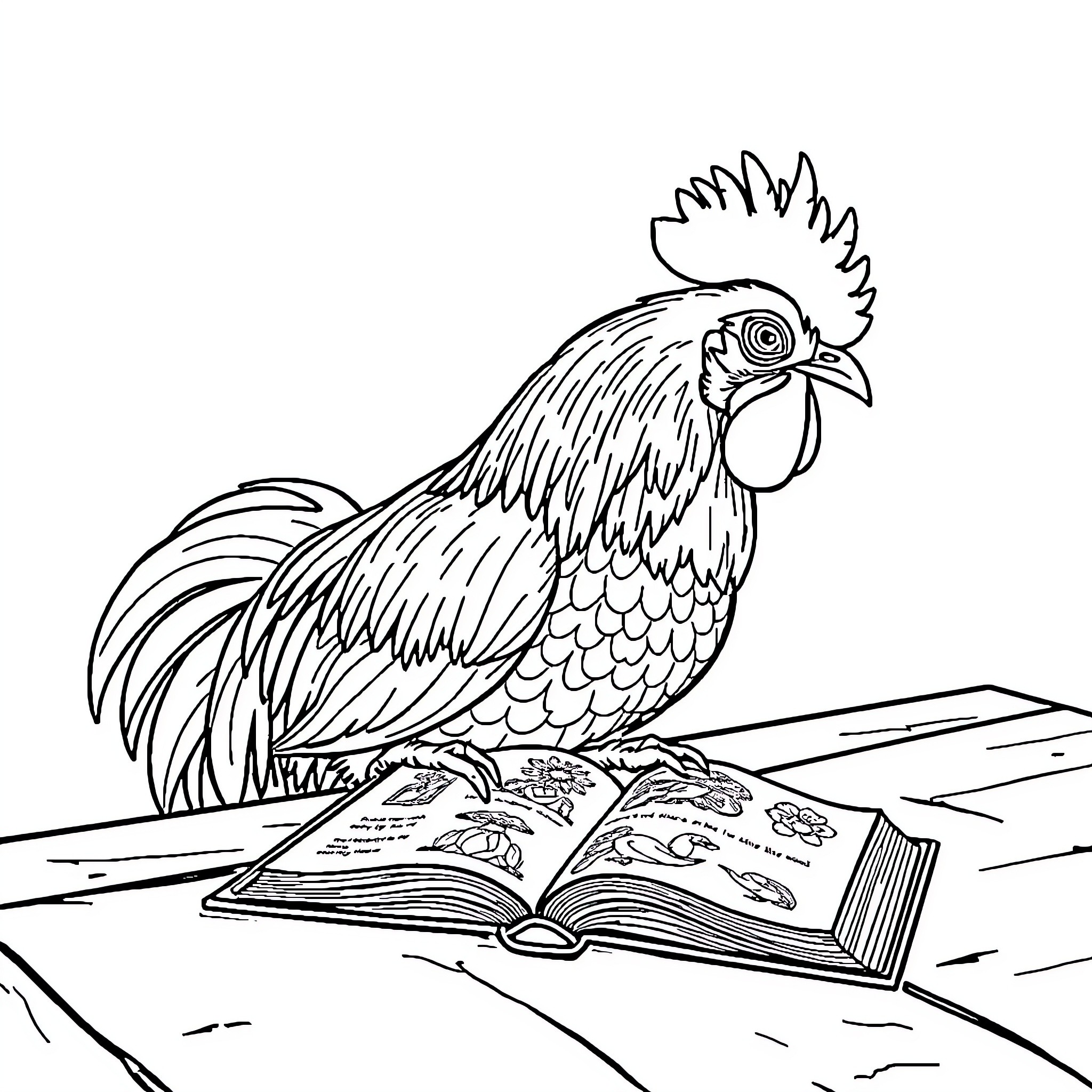 Rooster perched atop an open book Coloring Page (free black-and-white line drawing printable PDF for all, from beginners to advanced learners, including children, teens, adults, and seniors)