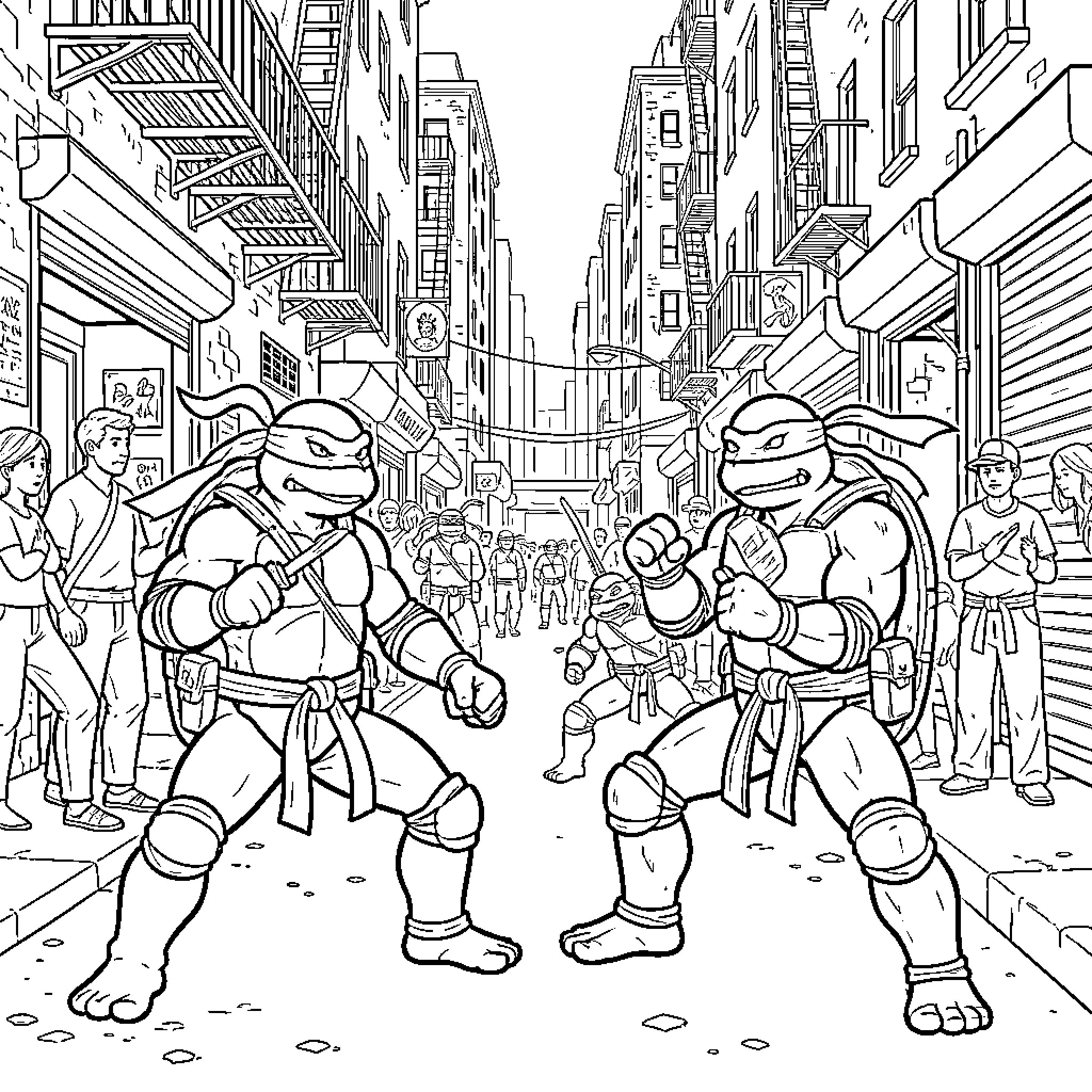 Ninja Turtle heroes fighting on the city streets Coloring Page (free black-and-white line drawing printable PDF for all, from beginners to advanced learners, including children, teens, adults, and seniors)