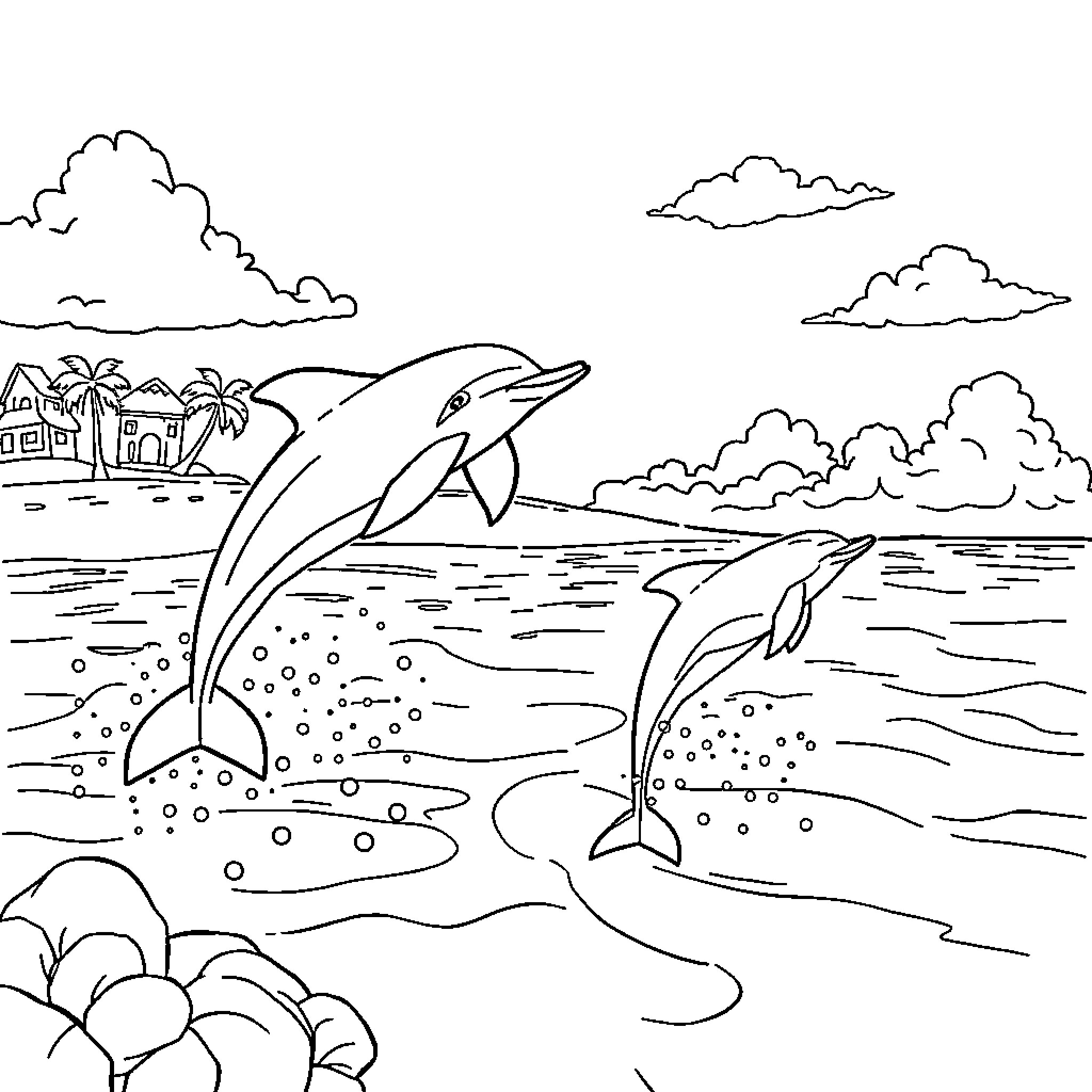 Dolphins playing in the ocean near tropical paradise Coloring Page (free black-and-white line drawing printable PDF for all, from beginners to advanced learners, including children, teens, adults, and seniors)