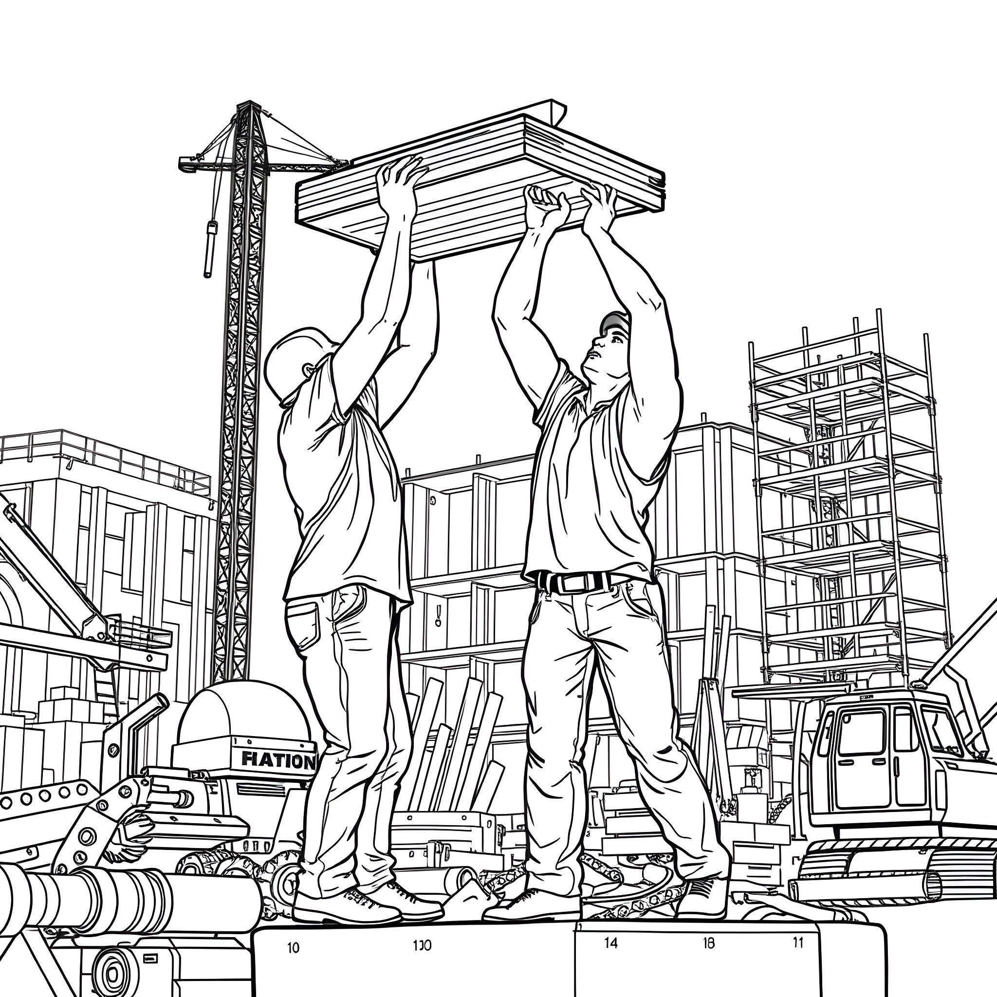 Man operating construction equipment in industrial setting Coloring Page (free black-and-white line drawing printable PDF for all, from beginners to advanced learners, including children, teens, adults, and seniors)