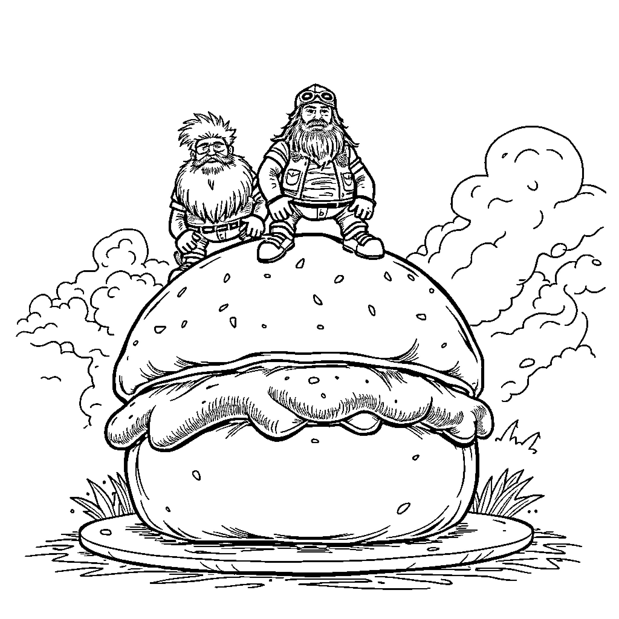 Biker gnomes enjoying a giant mushroom in the clouds Coloring Page (free black-and-white line drawing printable PDF for all, from beginners to advanced learners, including children, teens, adults, and seniors)