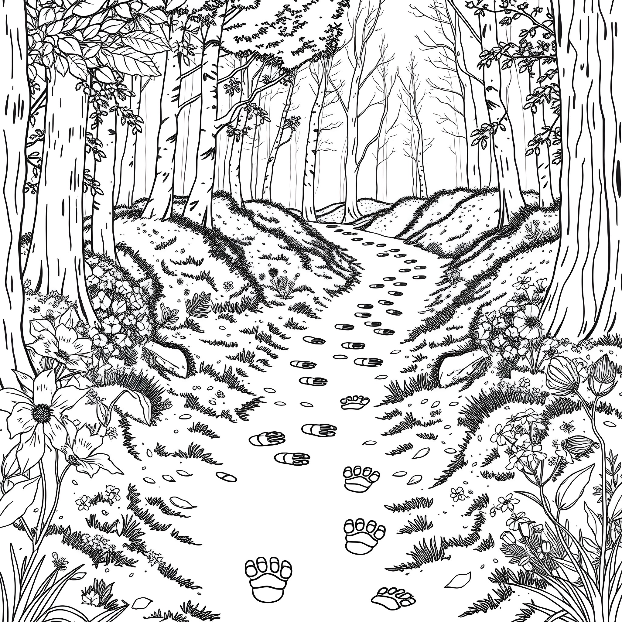 Animal Footprint in the Enchanted Forest Coloring Page (free black-and-white line drawing printable PDF for all, from beginners to advanced learners, including children, teens, adults, and seniors)