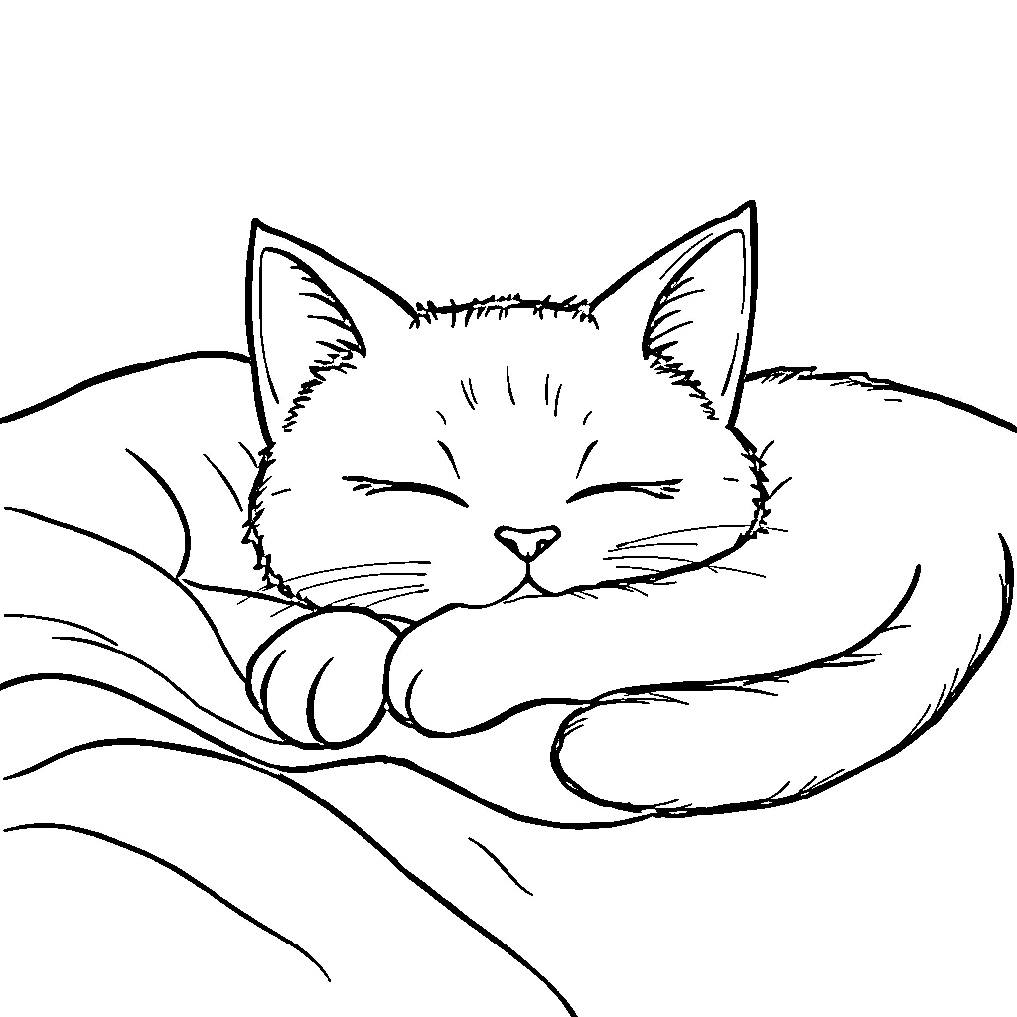 Catnap in cozy comfort Coloring Page (free black-and-white line drawing printable PDF for all, from beginners to advanced learners, including children, teens, adults, and seniors)
