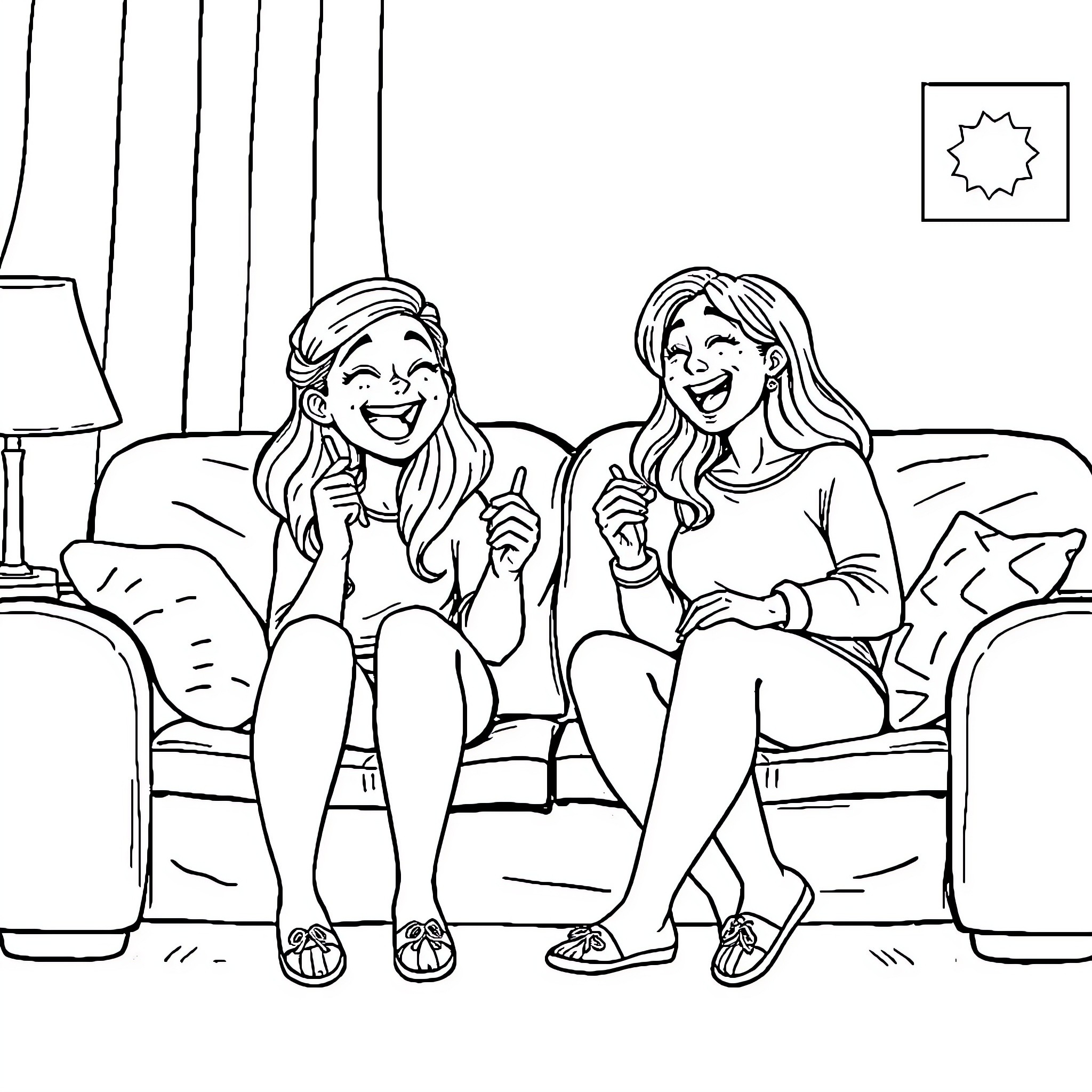 Jenny and friend laughing together on the couch Coloring Page (free black-and-white line drawing printable PDF for all, from beginners to advanced learners, including children, teens, adults, and seniors)