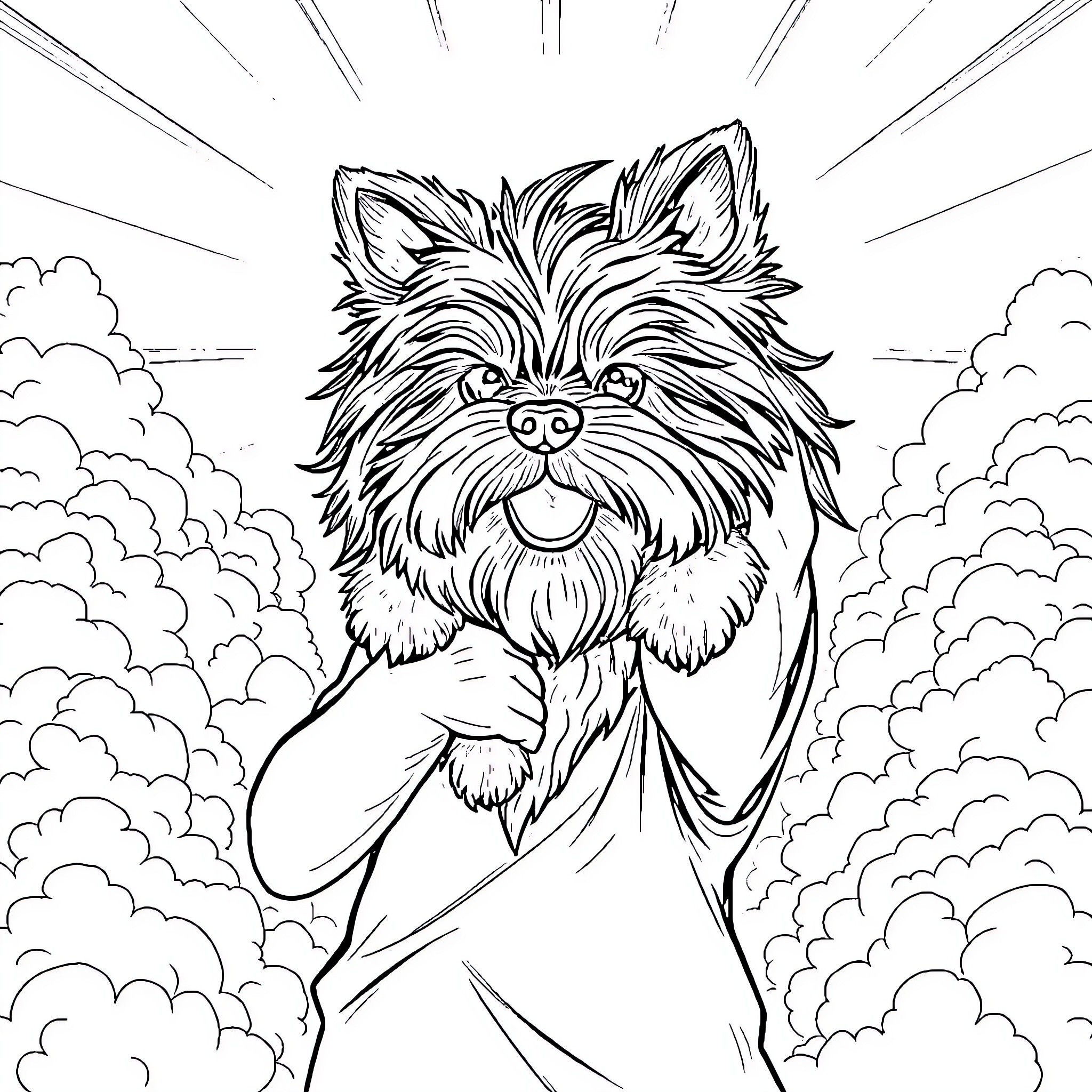 Grandpa's Playful Pup Prancing in the Clouds Coloring Page (free black-and-white line drawing printable PDF for all, from beginners to advanced learners, including children, teens, adults, and seniors)