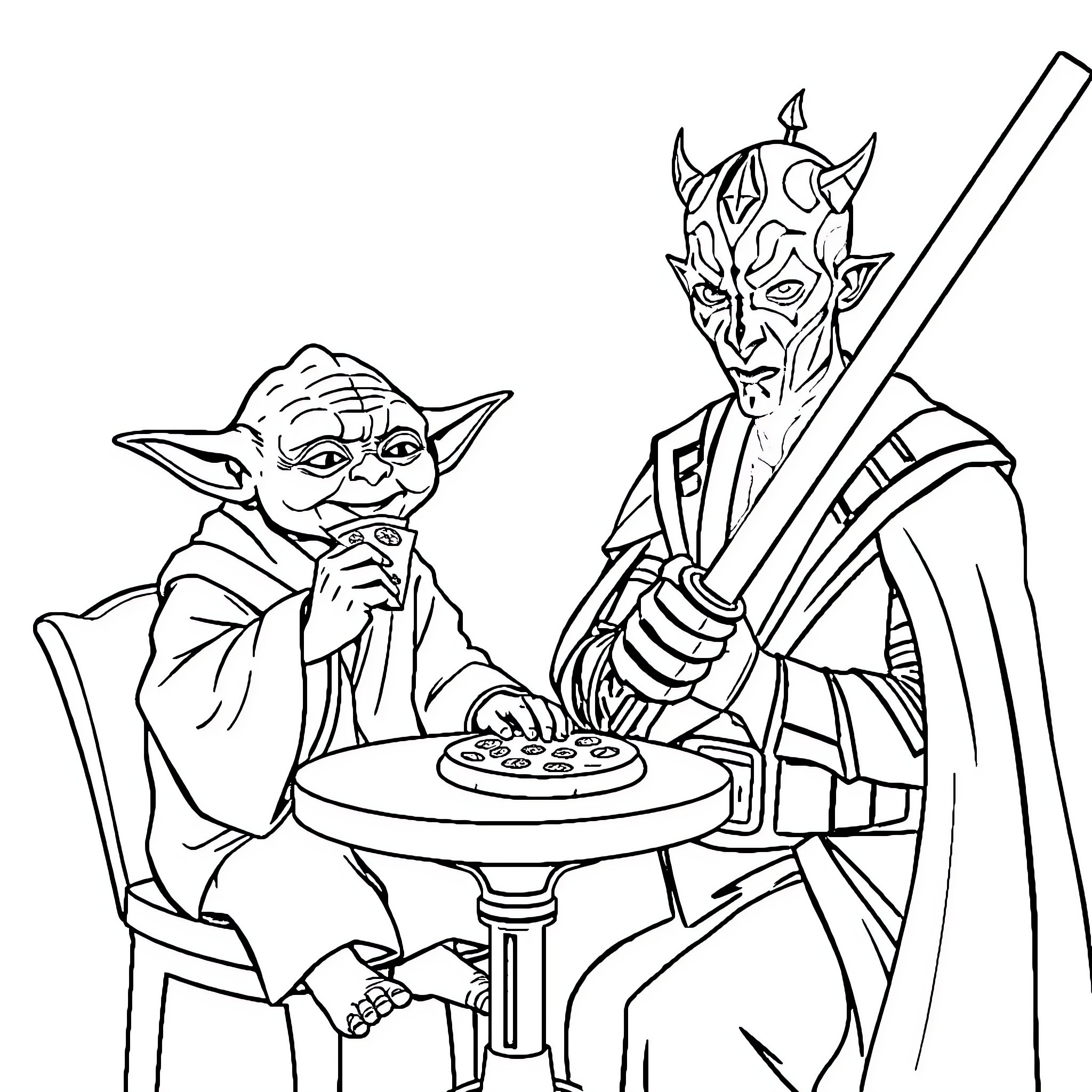 Yoda and Darth Vader playing chess together Coloring Page (free black-and-white line drawing printable PDF for all, from beginners to advanced learners, including children, teens, adults, and seniors)