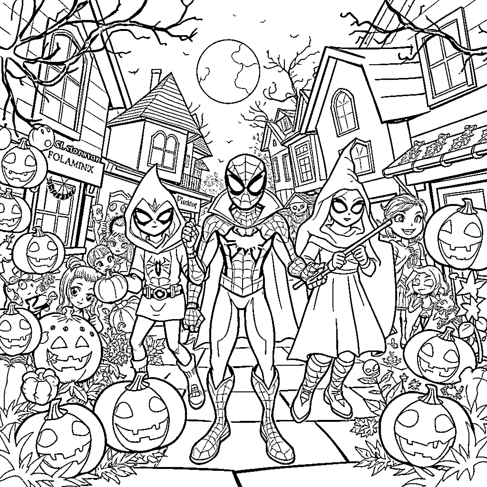 Spider-Heroes Celebrating Halloween in the Neighborhood Coloring Page (free black-and-white line drawing printable PDF for all, from beginners to advanced learners, including children, teens, adults, and seniors)