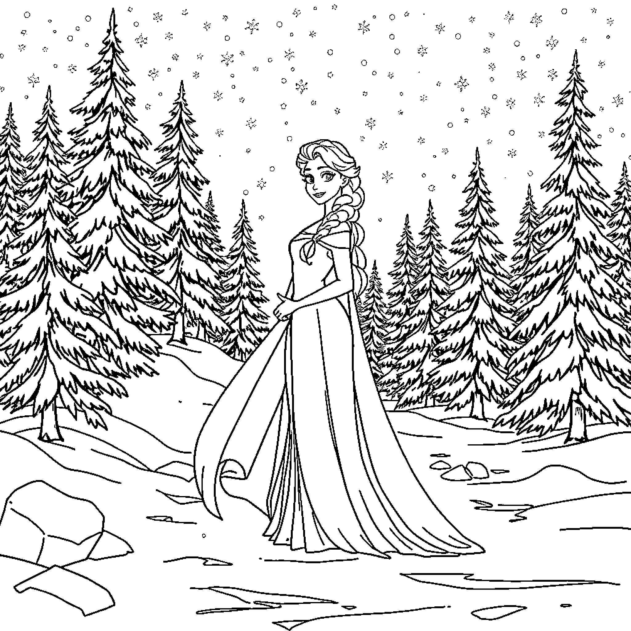 Elsa in a Snowy Winter Wonderland Coloring Page (free black-and-white line drawing printable PDF for all, from beginners to advanced learners, including children, teens, adults, and seniors)