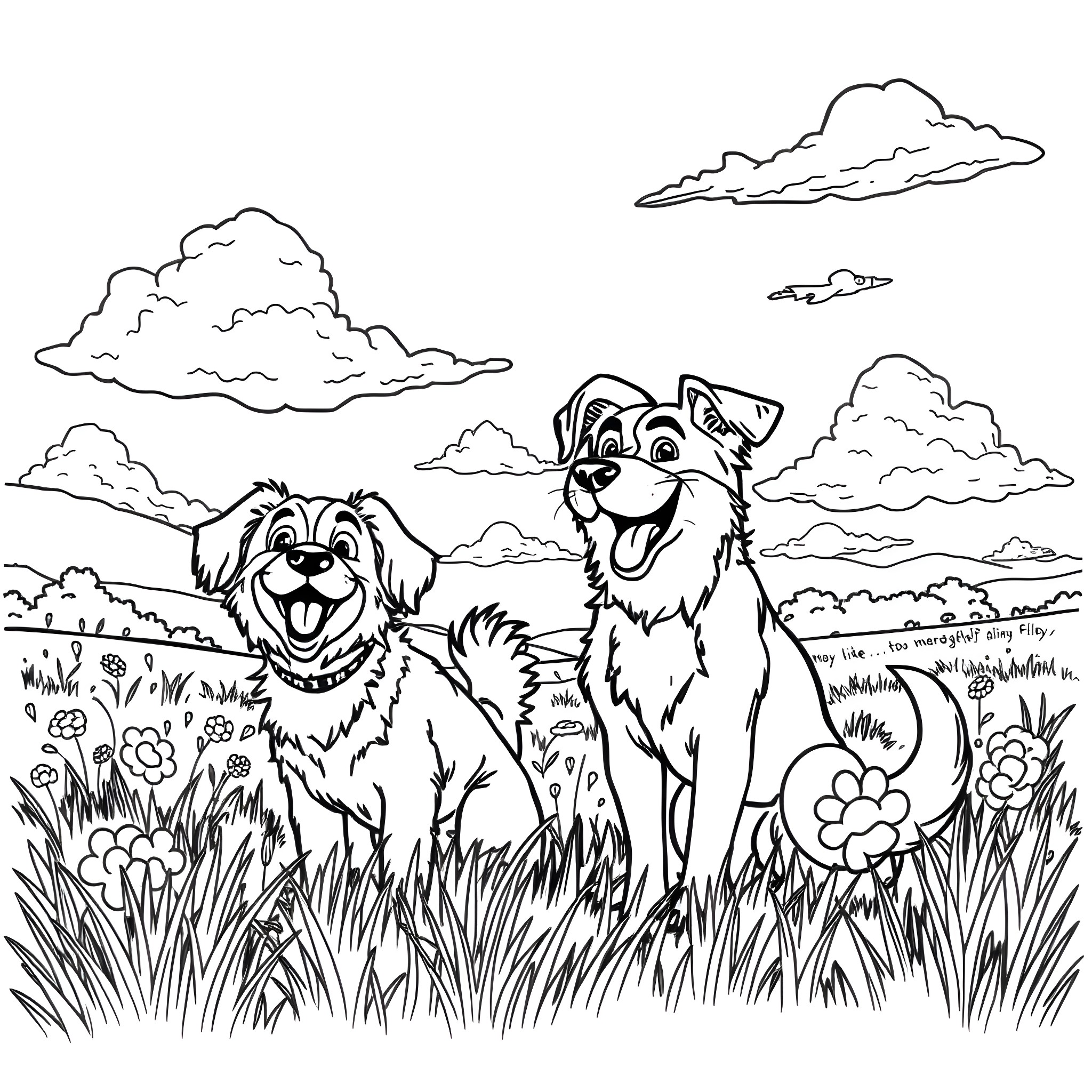 Dogs playing happily in the park Coloring Page (free black-and-white line drawing printable PDF for all, from beginners to advanced learners, including children, teens, adults, and seniors)
