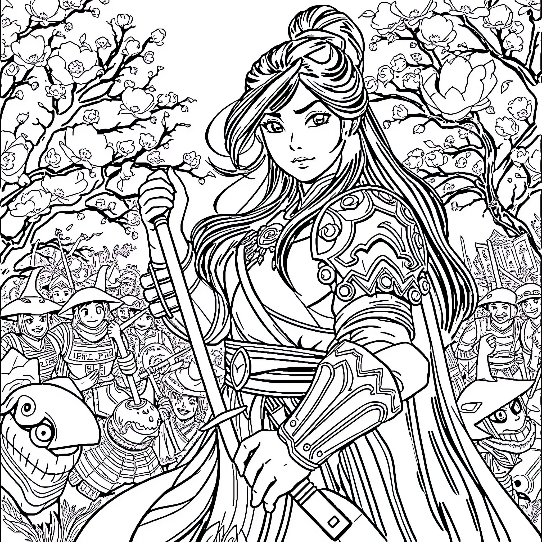 Mulan in a fantastical scene with ornate outfit and surroundings Coloring Page (free black-and-white line drawing printable PDF for all, from beginners to advanced learners, including children, teens, adults, and seniors)